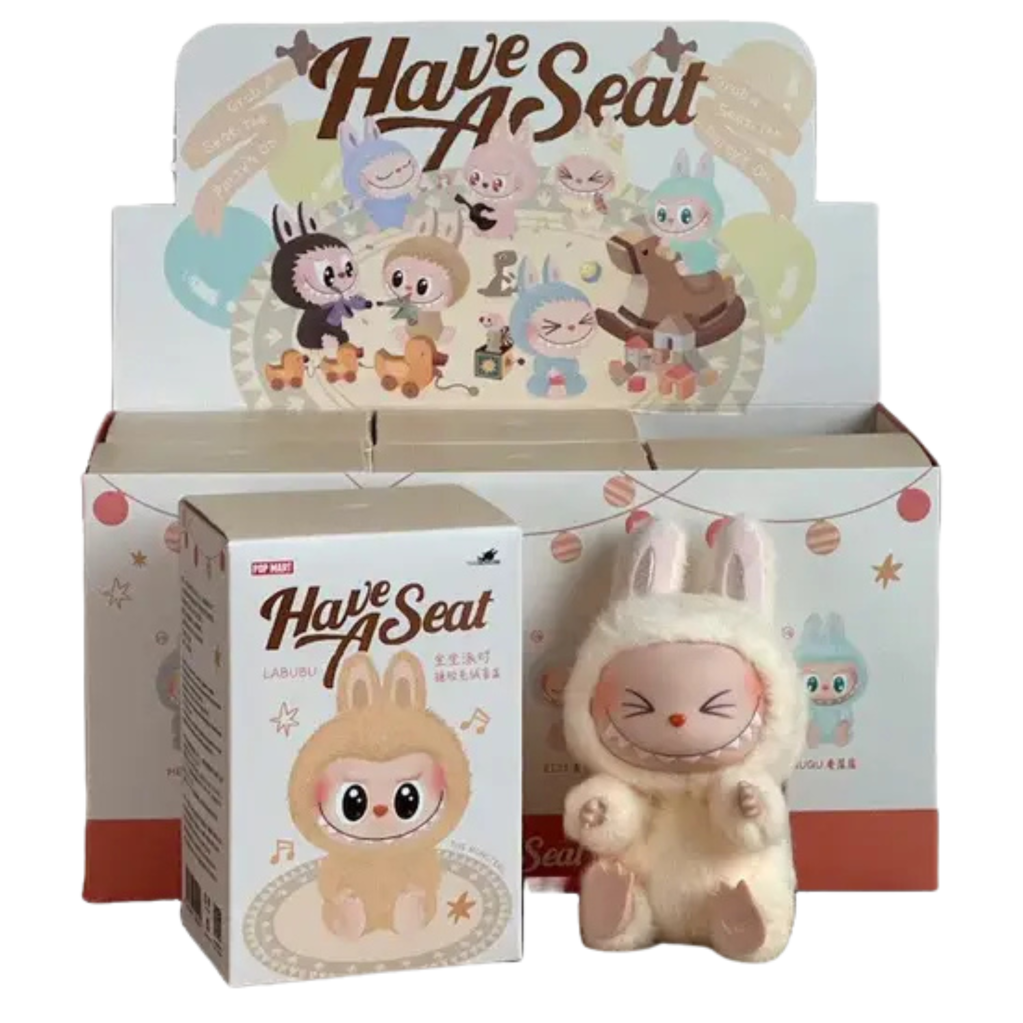 Cute figurine in a bunny costume with packaging and branding on a white background