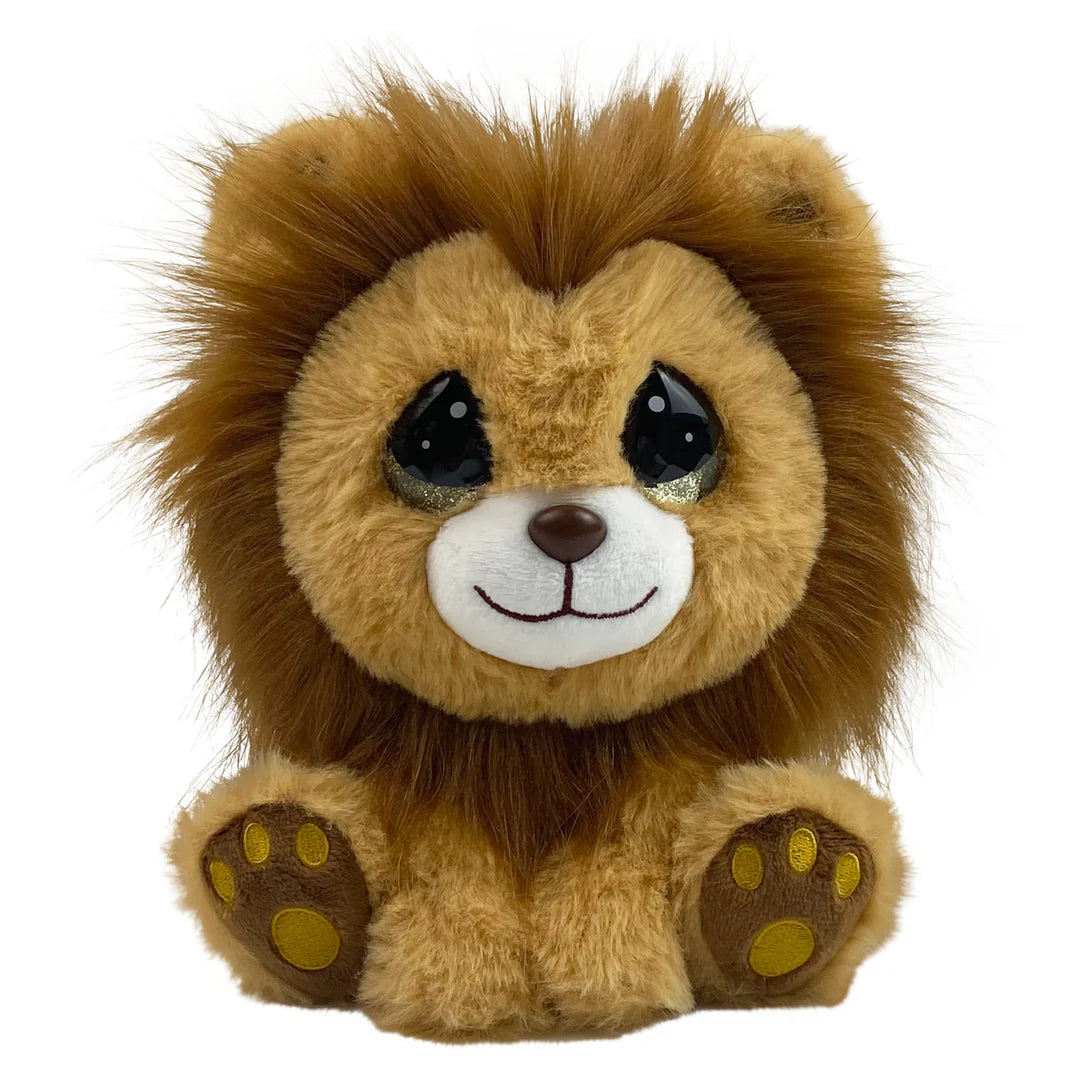 Plush lion toy with brown fur and yellow paws on a white background