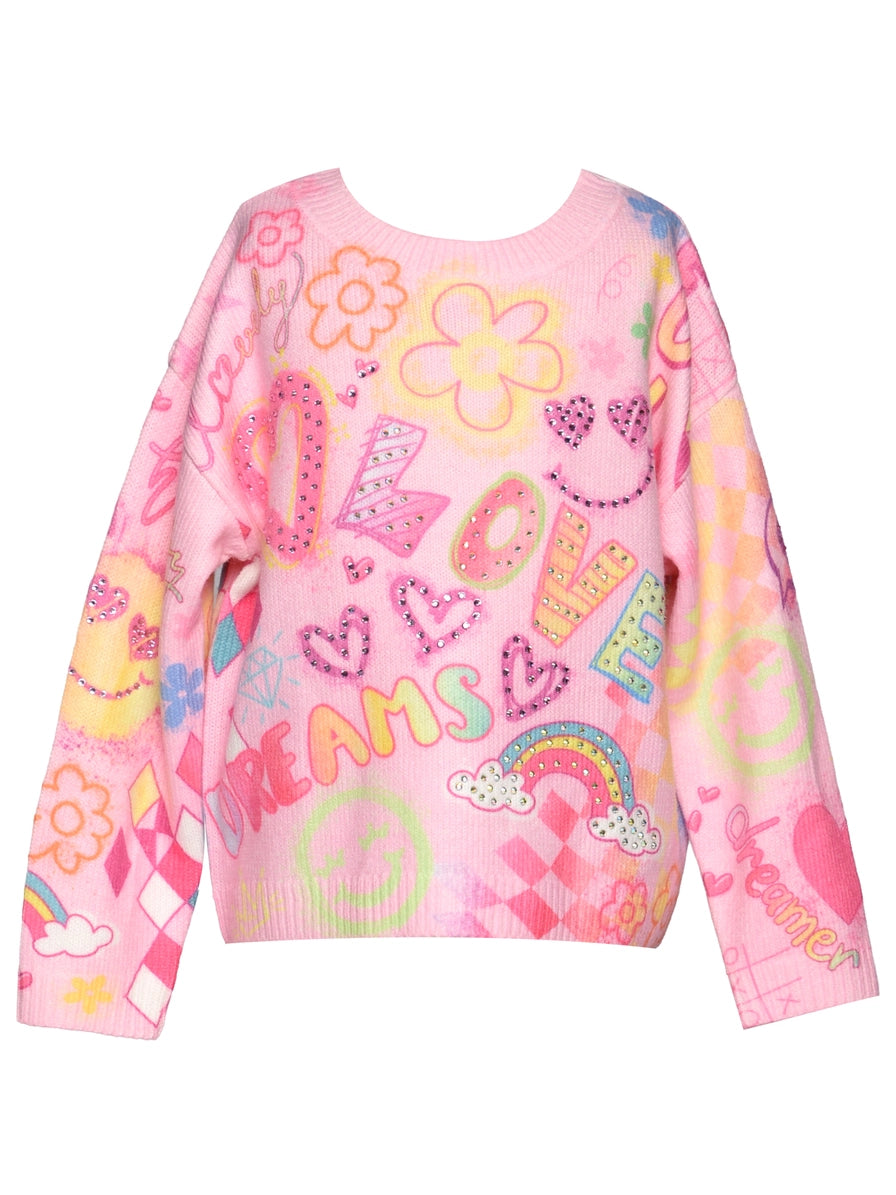 Pink sweater with colorful graphics and text on a white background