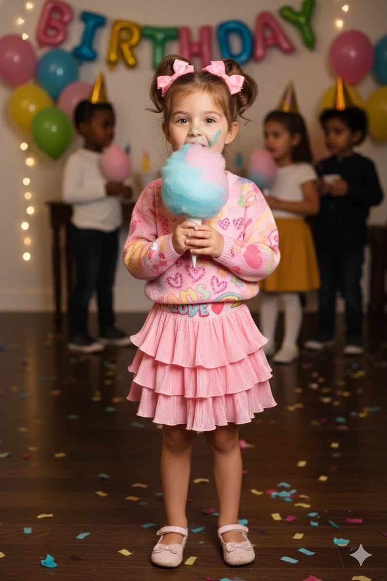 Child in a birthday party setting with cotton candy and balloons