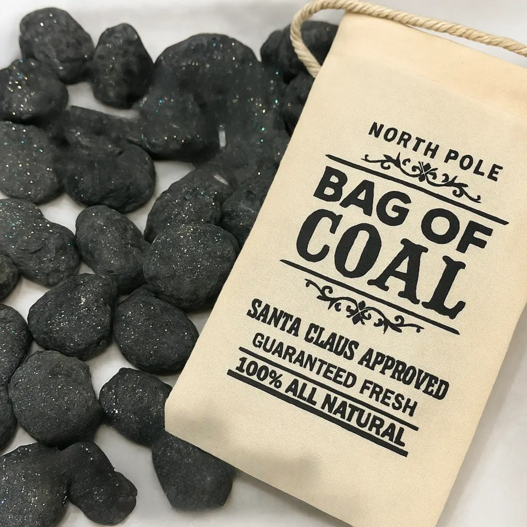 Bag of coal with a decorative label on a white background