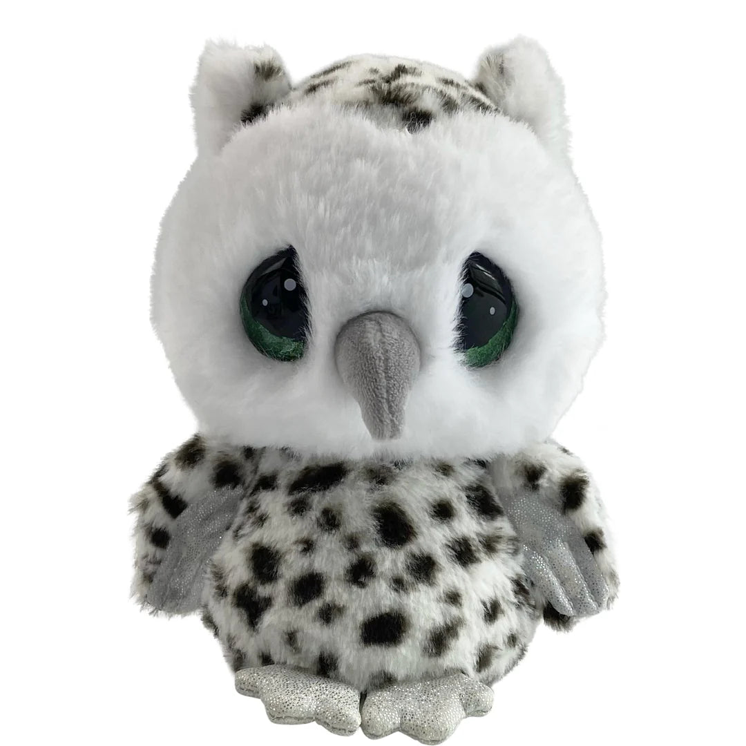 Plush owl toy with white face, black eyes, and black and white spotted body on a white background