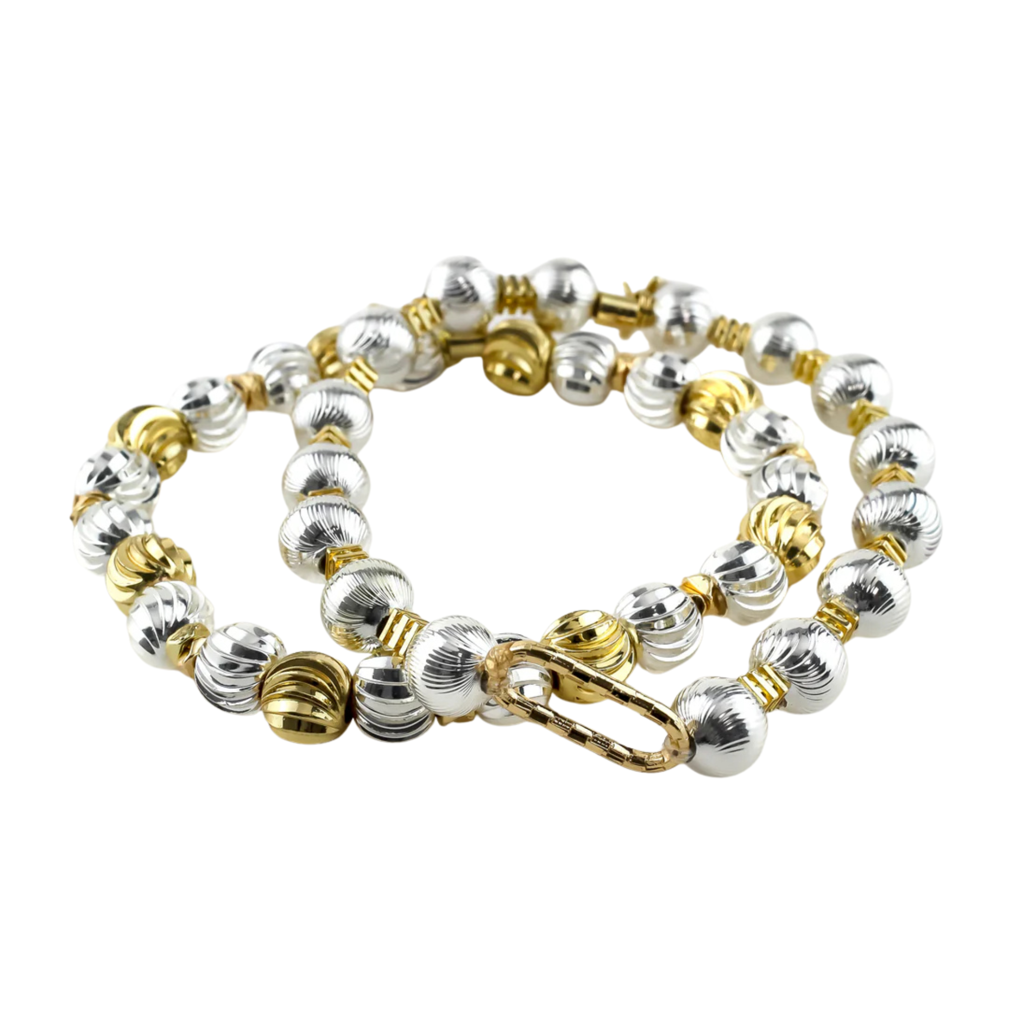 Bracelet with alternating gold and silver beads on a white background