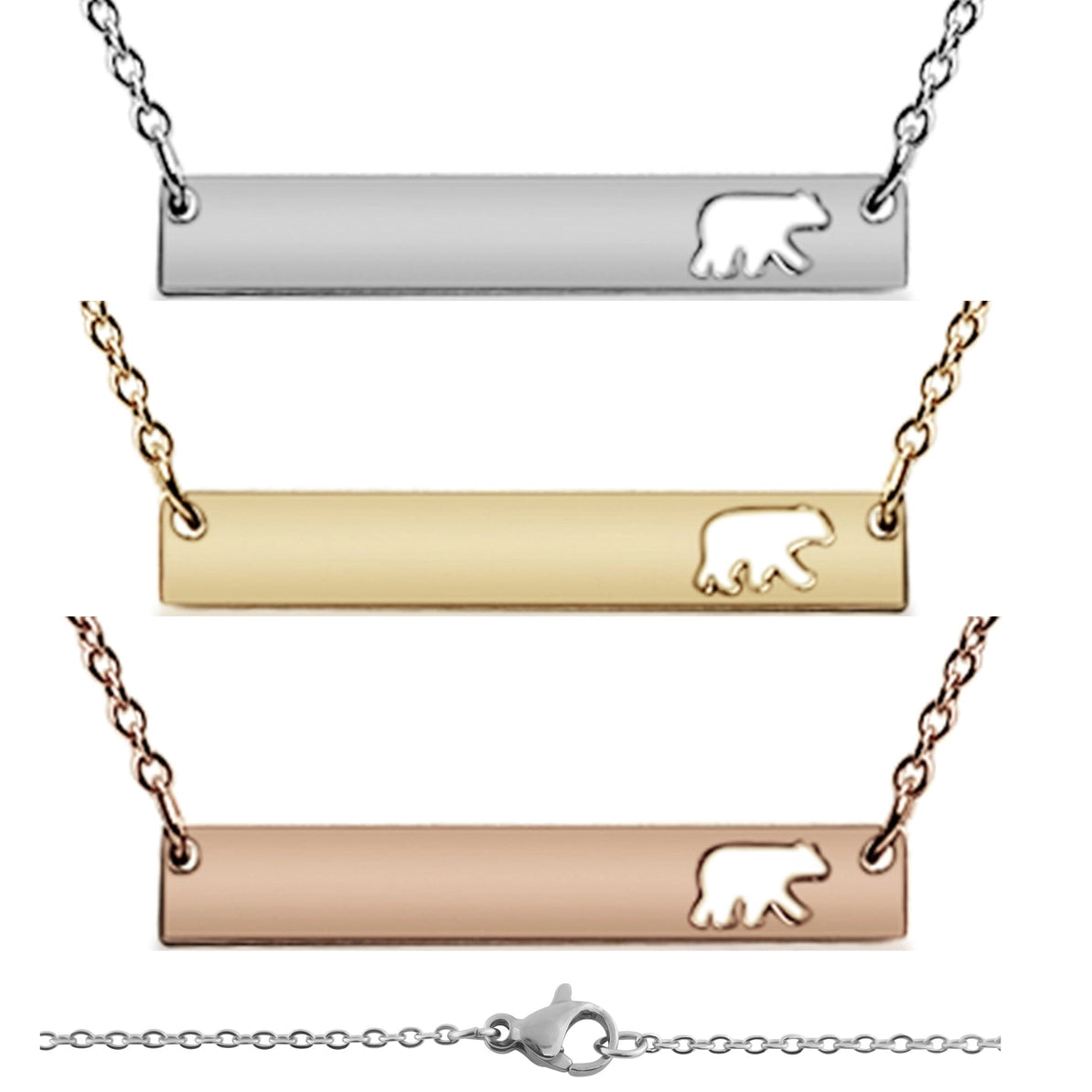 Three necklace pendants with bear silhouettes on horizontal bars in silver, gold, and rose gold.