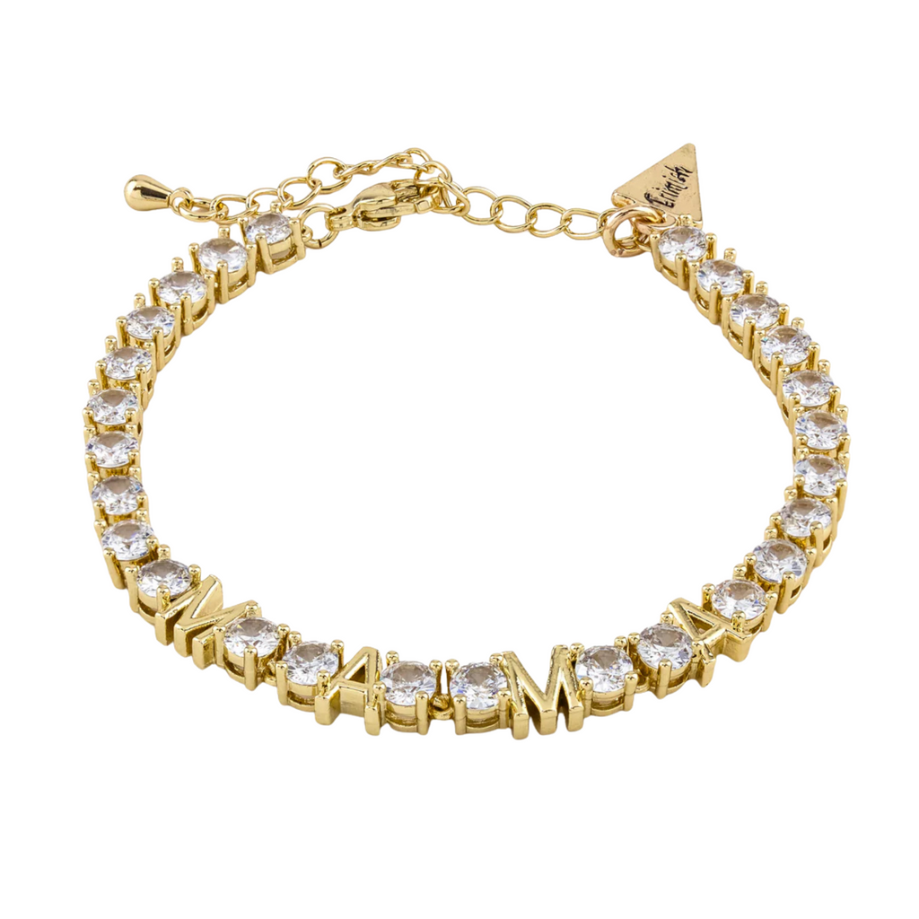 Gold bracelet with clear stones on a white background