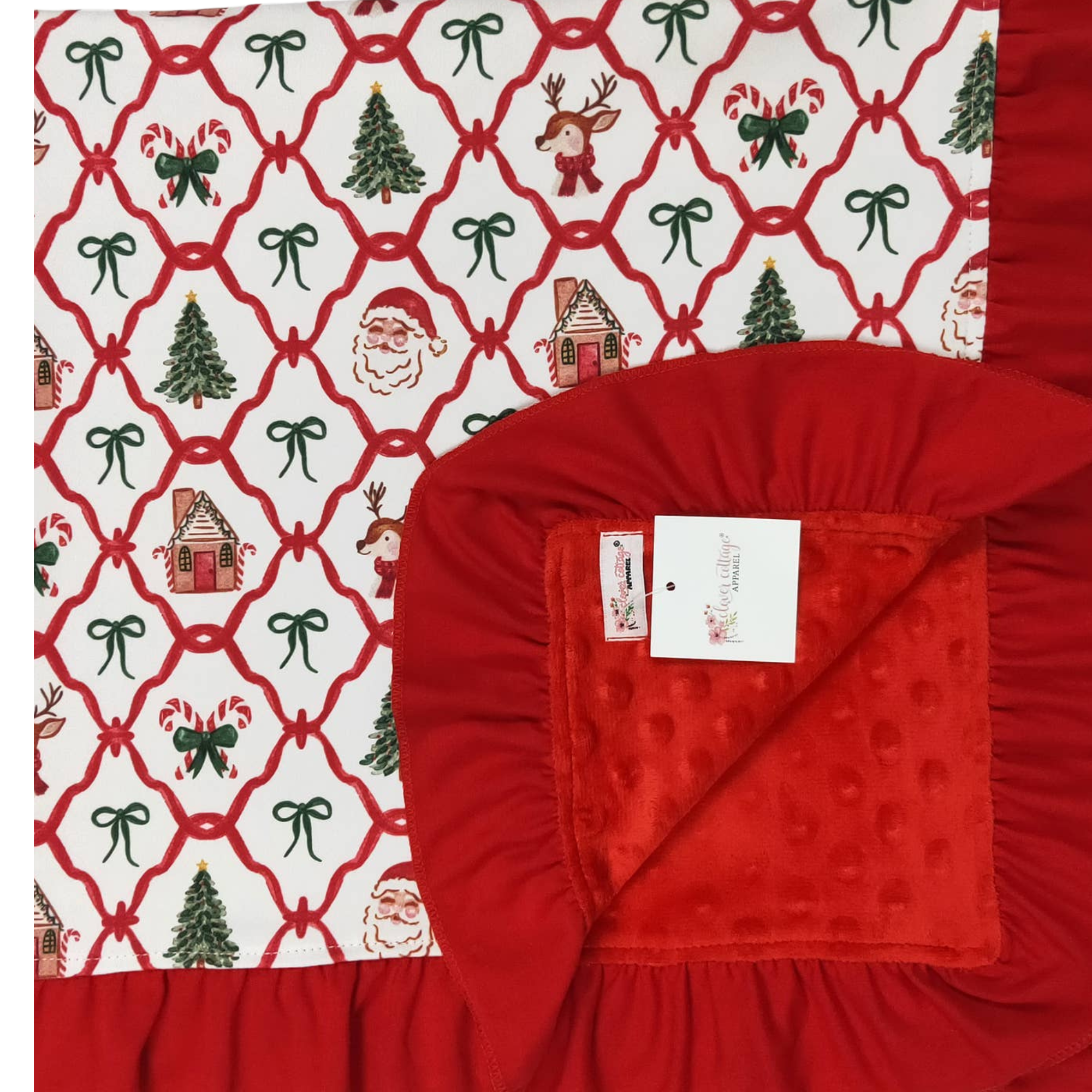 Red fabric with a Christmas pattern on the left and a plain red fabric with a tag on the right.