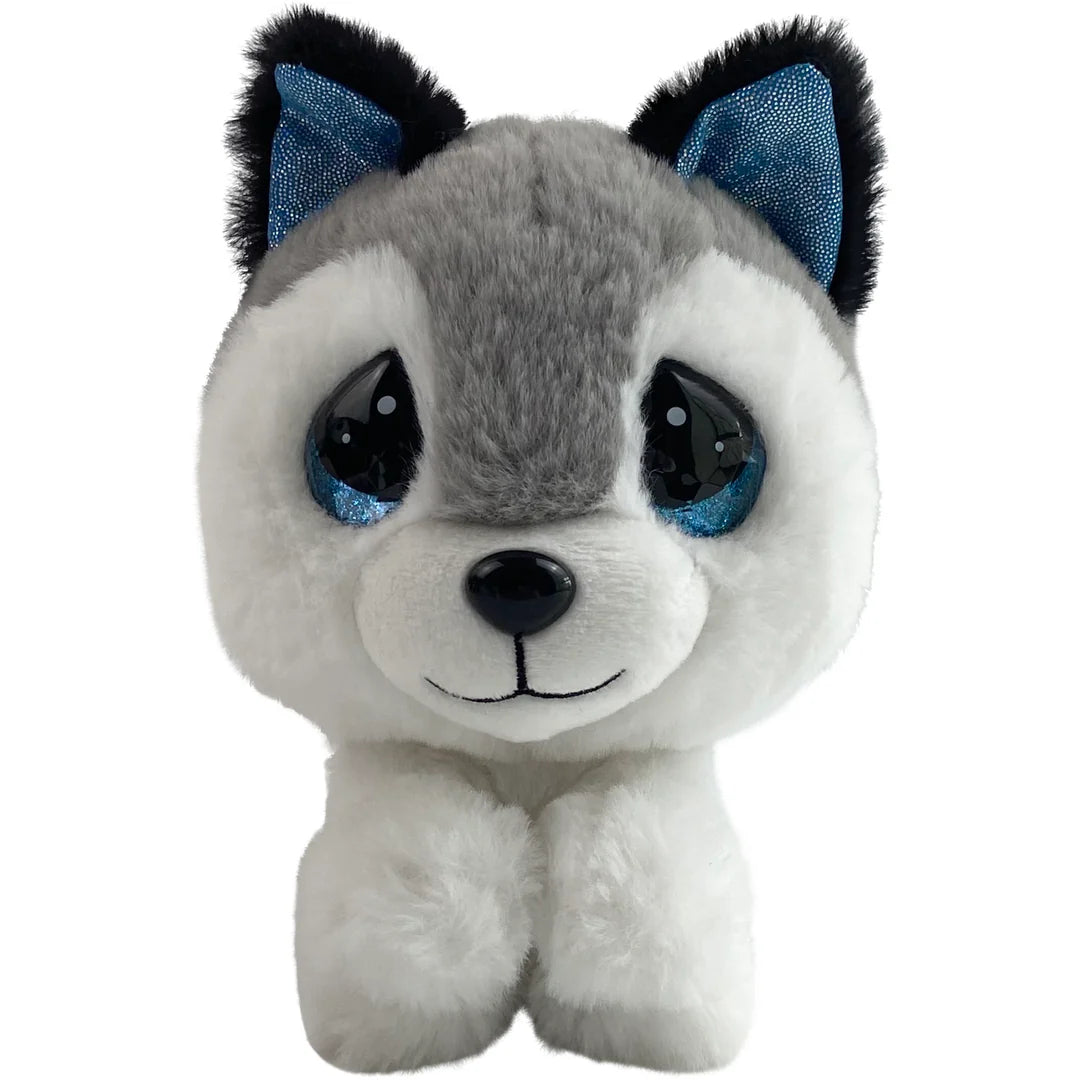 Plush toy with gray and white fur, black nose, and blue ears on a white background