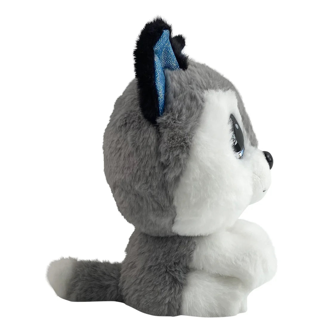Plush toy of a gray and white animal with a blue bow on a white background