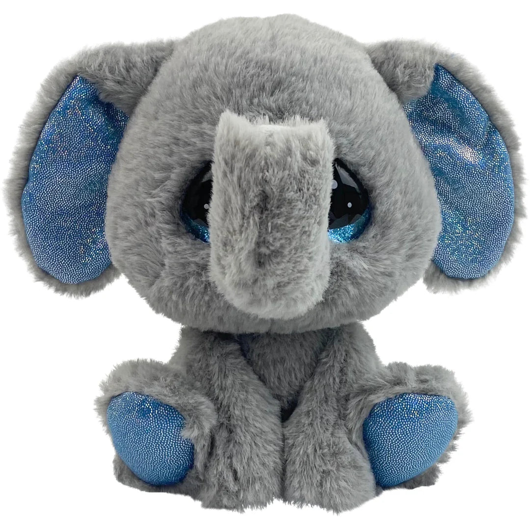 Plush elephant toy with blue accents on a white background