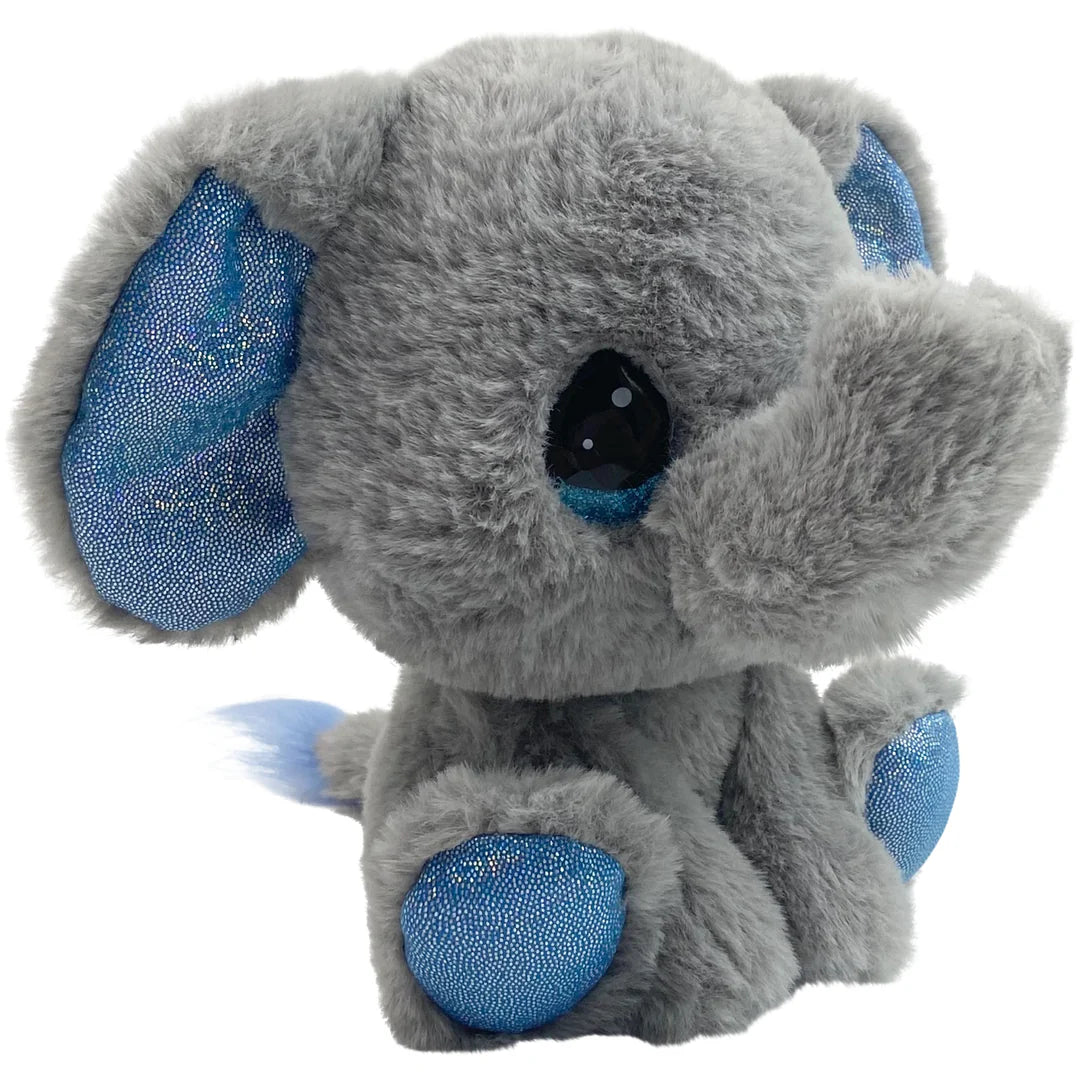 Plush elephant toy with blue accents on a white background