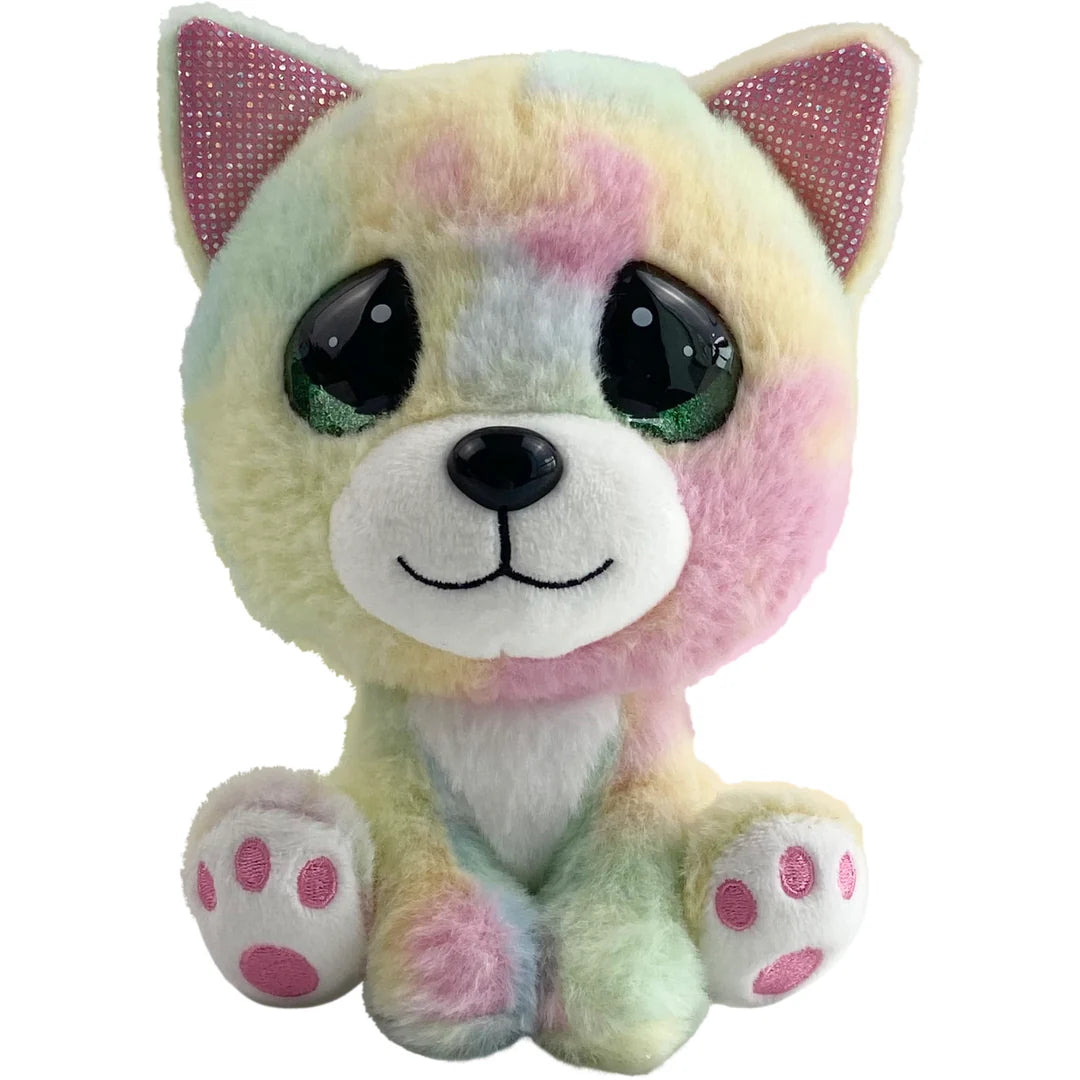 Pastel-colored plush cat toy with black eyes on a white background
