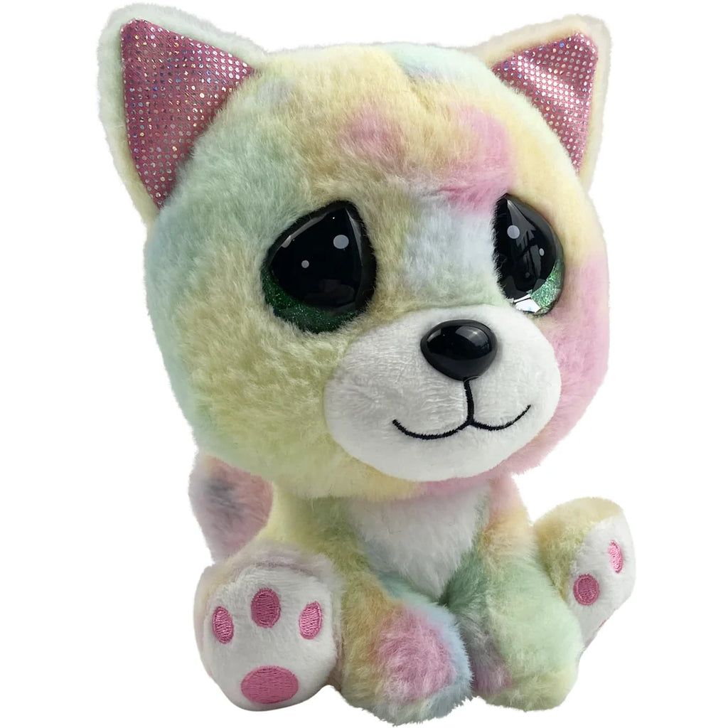 Pastel-colored plush cat toy with sequin ears on a white background