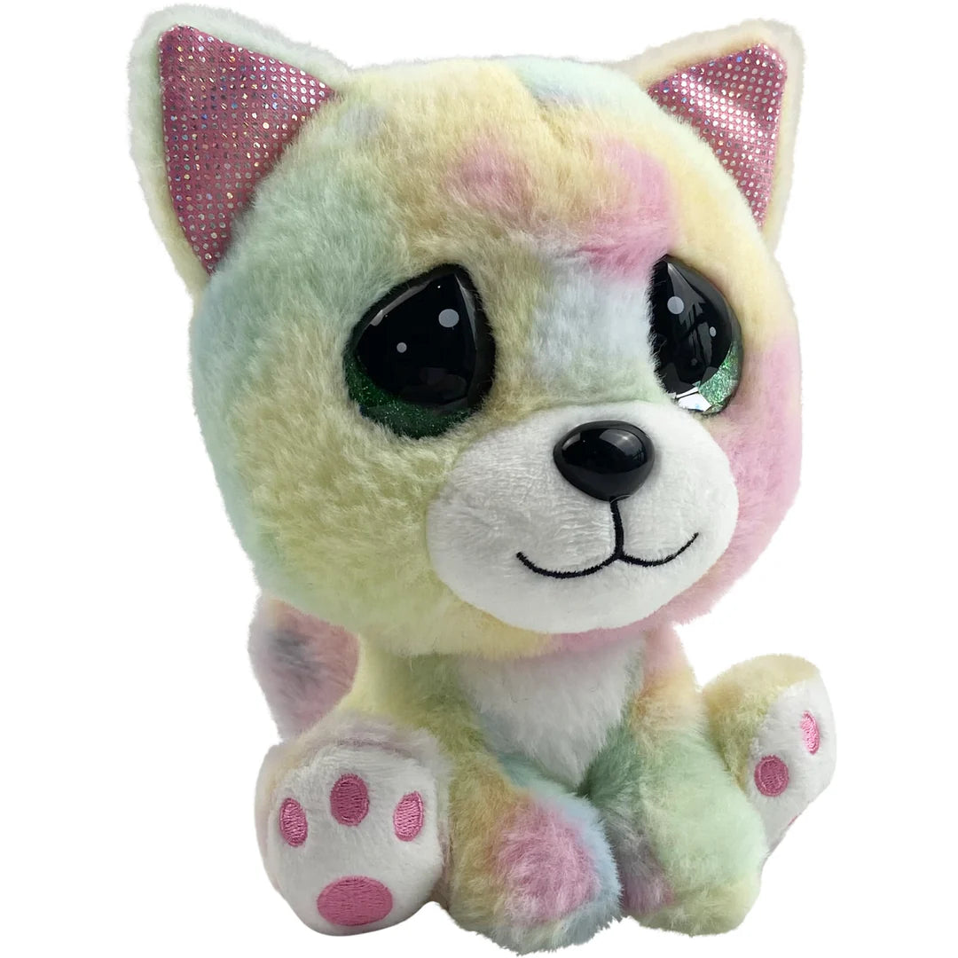 Pastel-colored plush cat toy with sequin ears on a white background