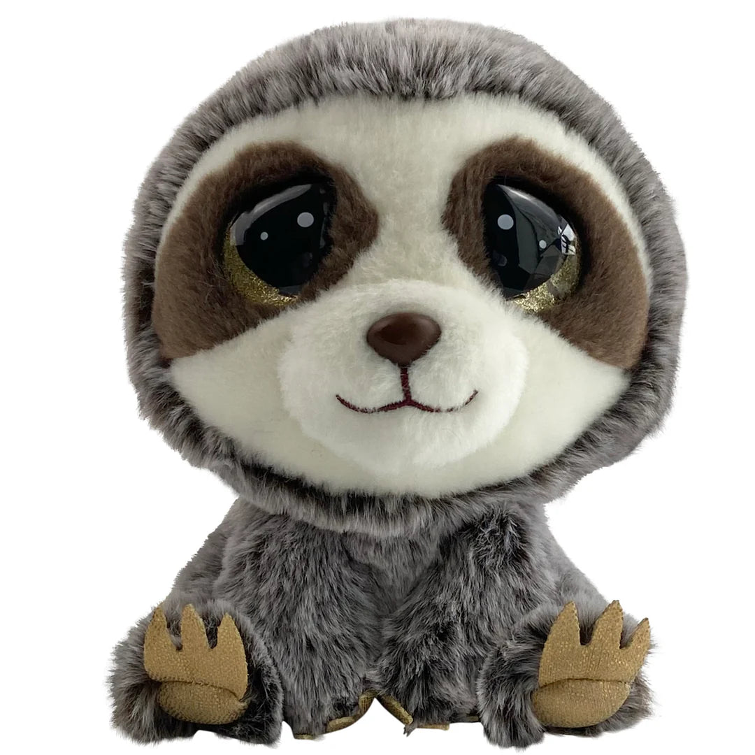 Plush toy sloth with large eyes on a white background
