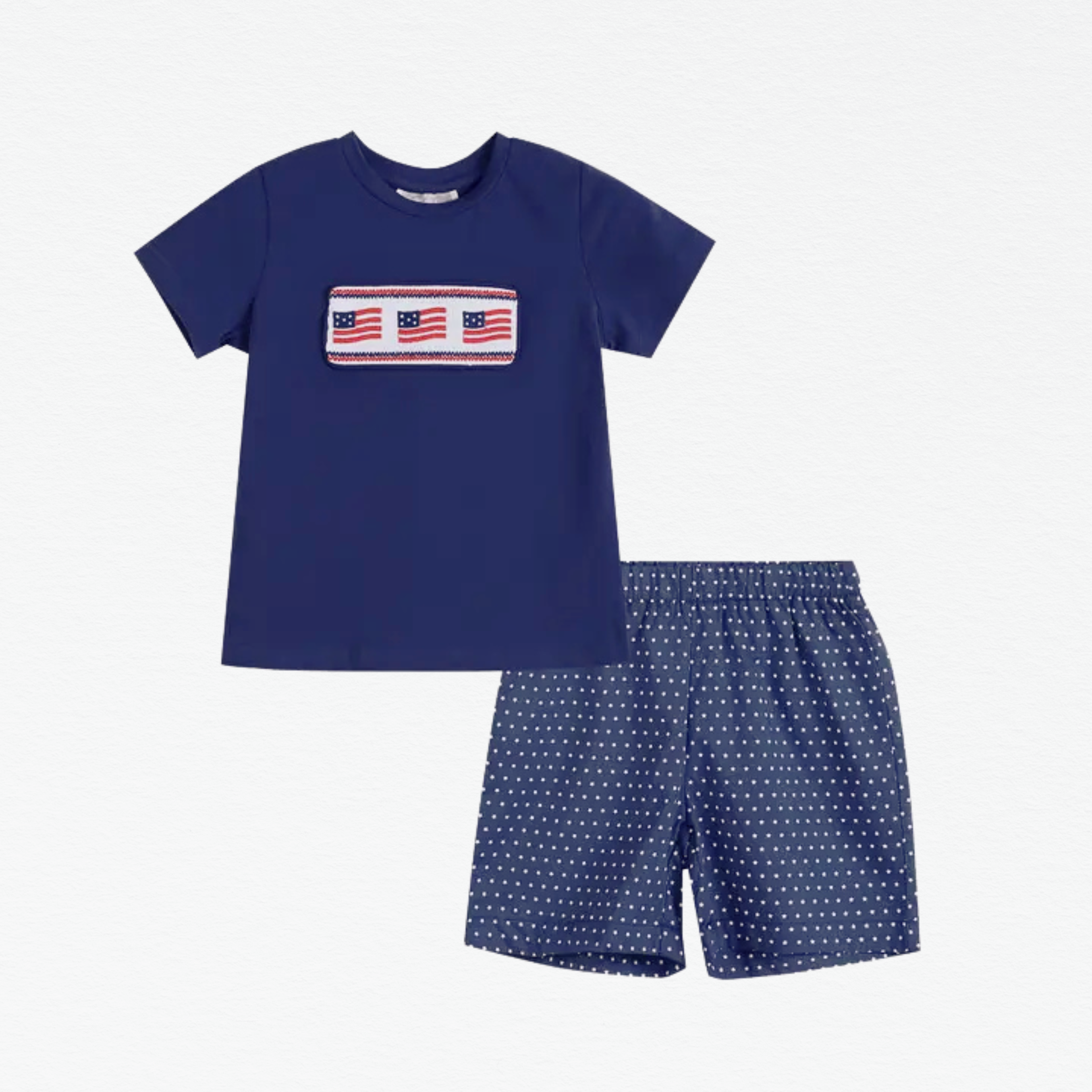 Navy blue t-shirt with American flag design and matching shorts on a white background