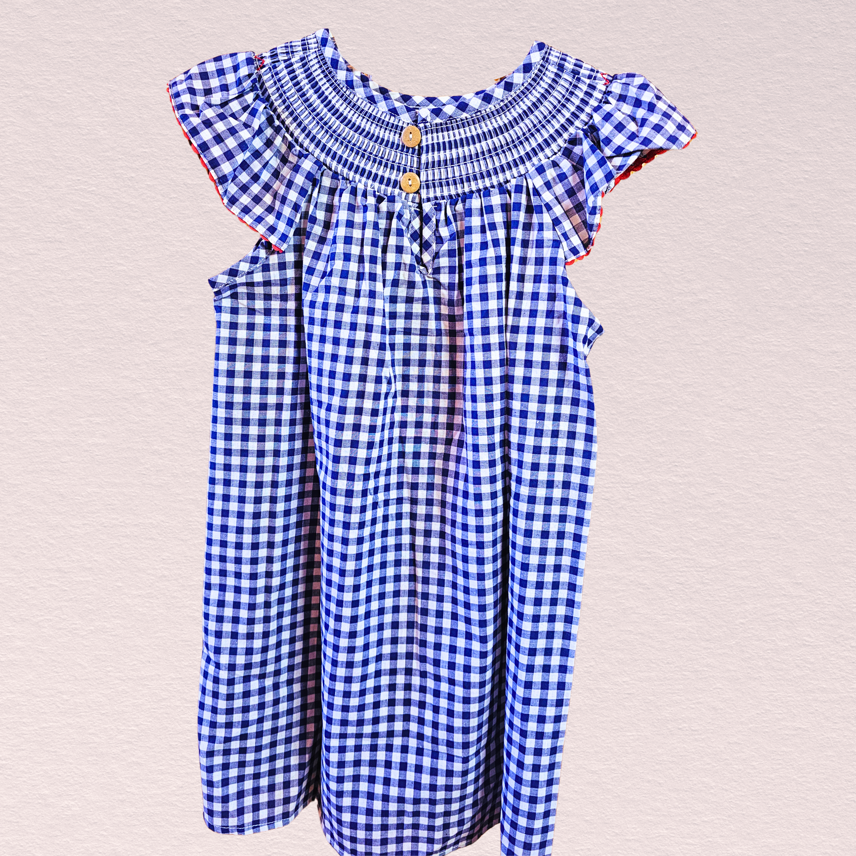 The back of a blue and white checkered dress with ruffled sleeves on a light gray background