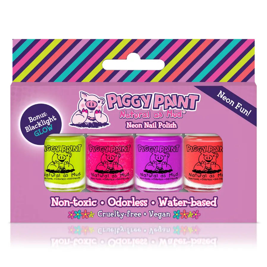 Piggy Paint neon nail polish set with colorful packaging