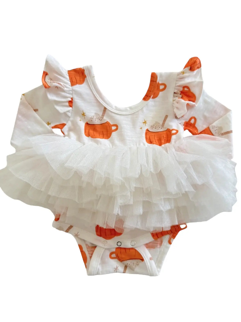 Baby romper with orange cat print and ruffled white skirt on a white background