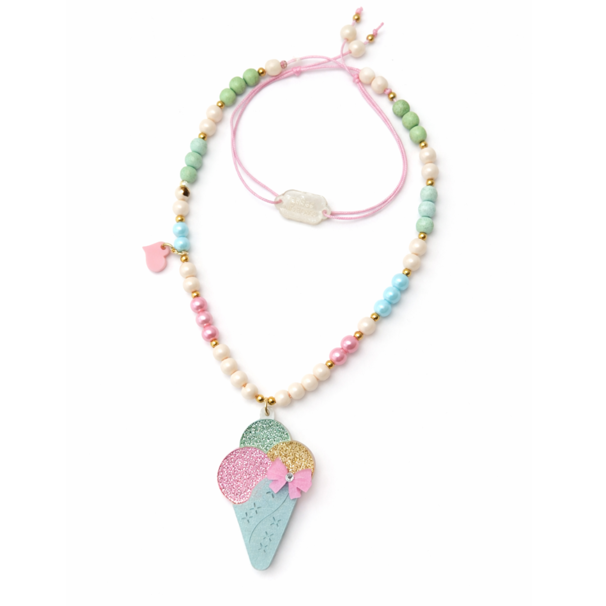 Necklace with ice cream cone pendant and colorful beads on a white background