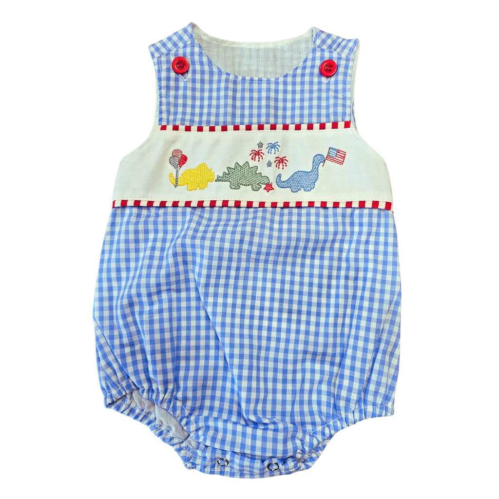 Blue checkered baby romper with embroidered designs on a white background
