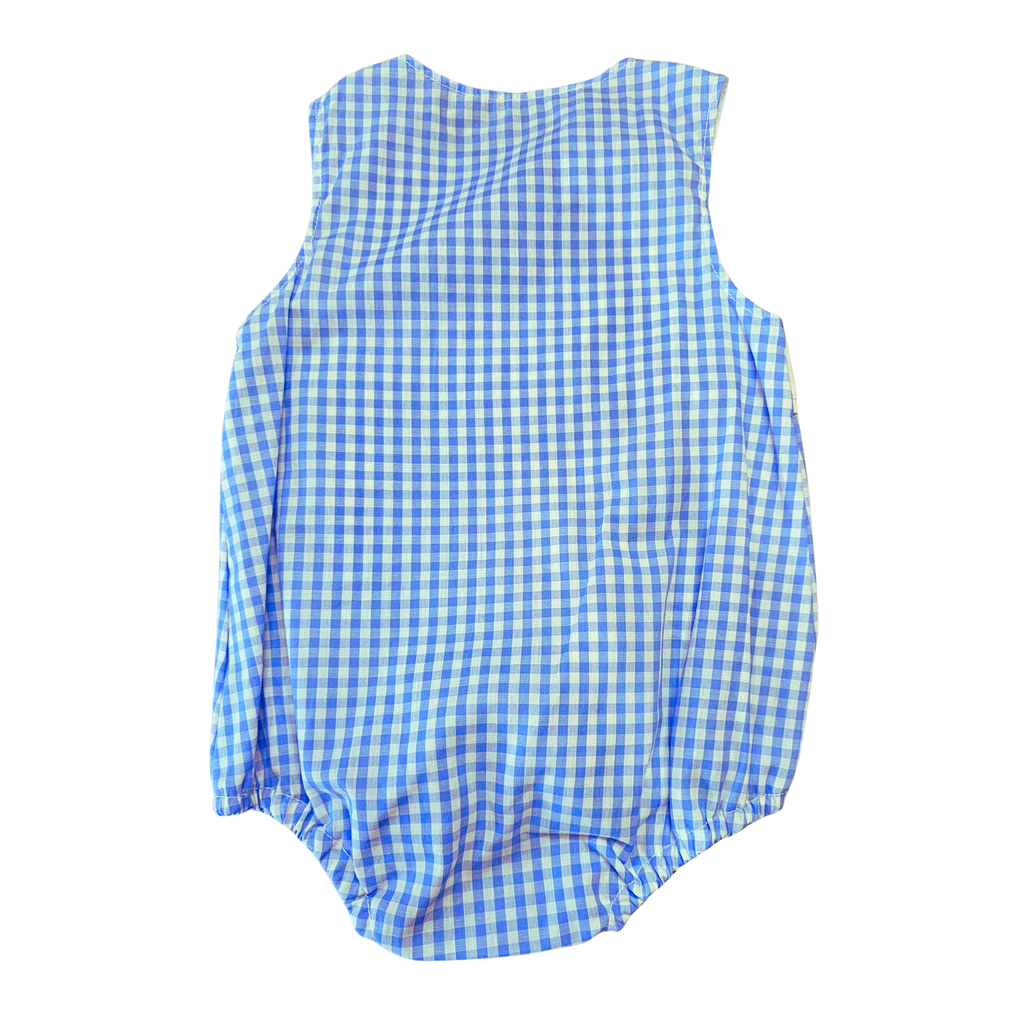 Blue and white checkered baby romper on a white background