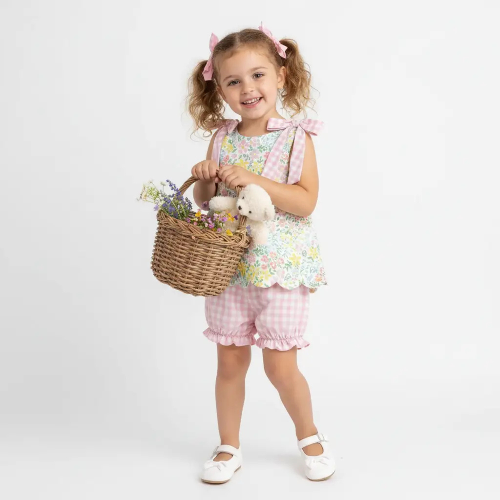 Young girl in a floral top and checkered shorts holding a basket and stuffed animal on a white background
