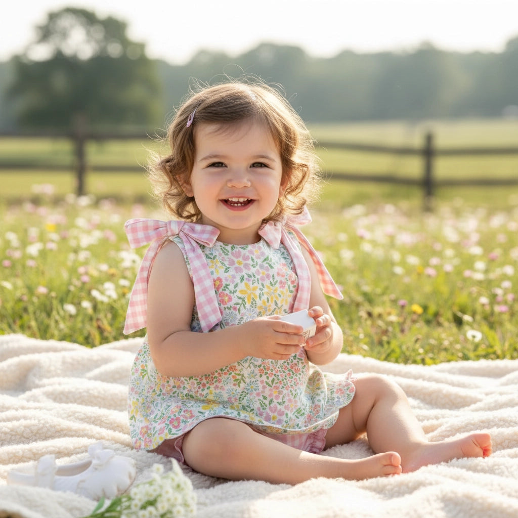 Child sitting on a blanket in a field of flowers with a blurred background