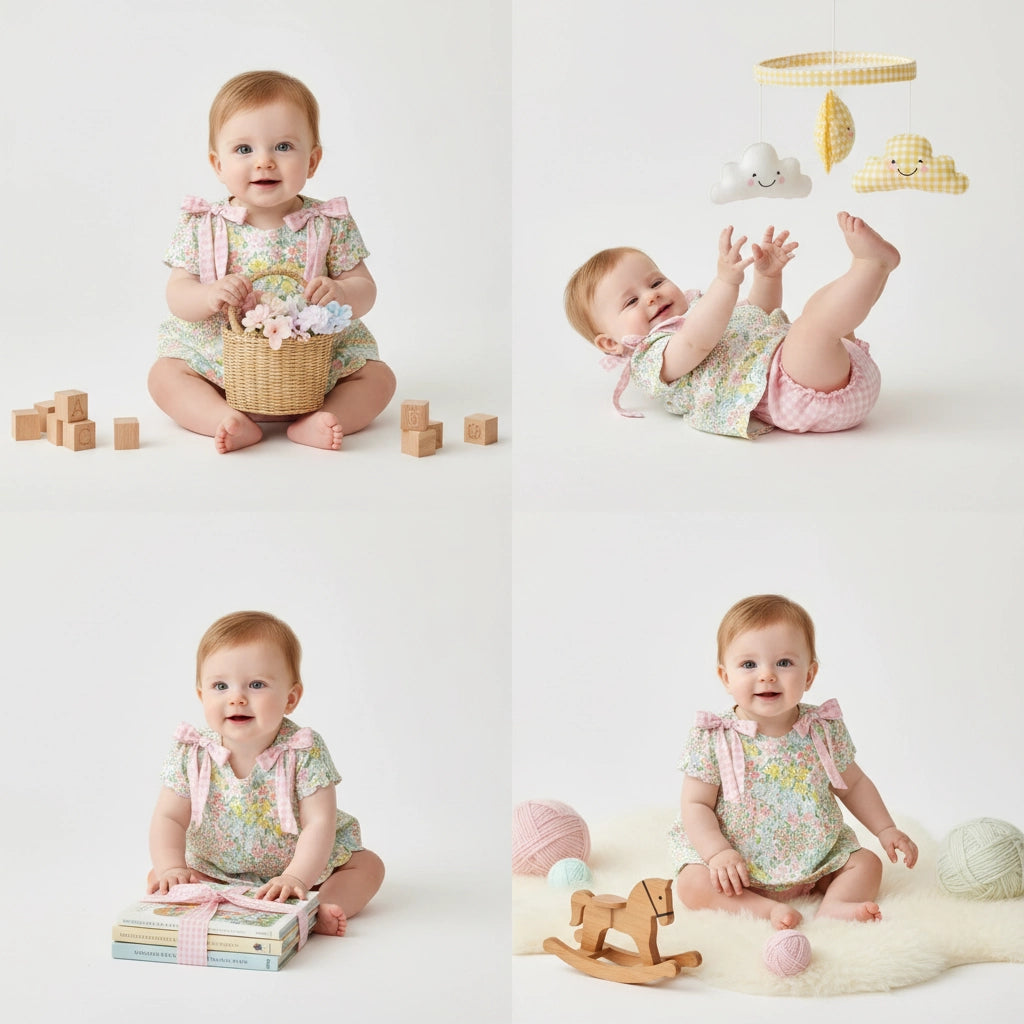 Four babies in floral outfits with toys on a white background