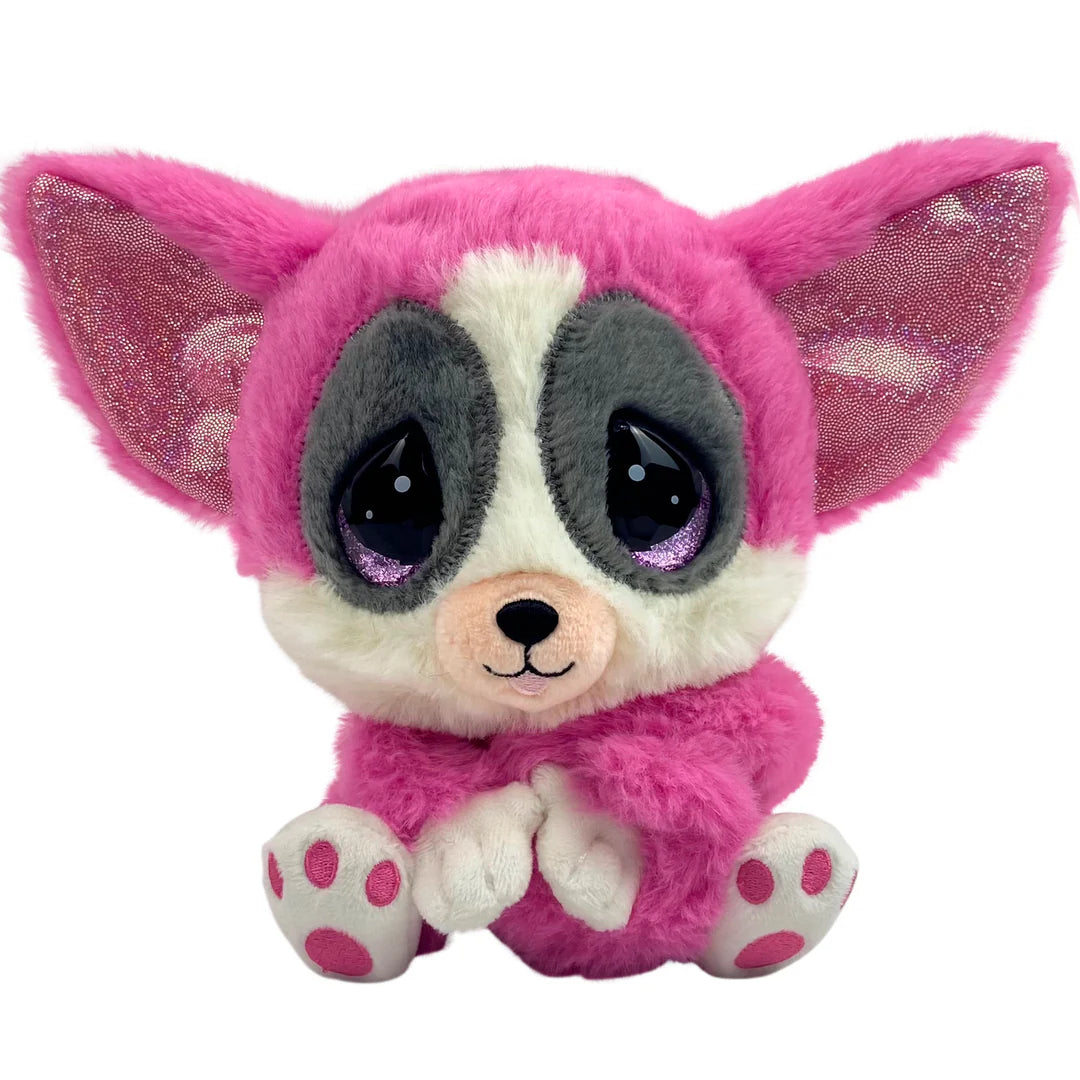 Plush toy with pink fur, white face, and black eyes on a white background