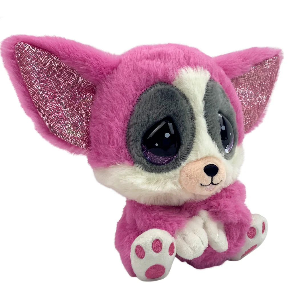 Pink plush toy with large ears and a white face on a white background
