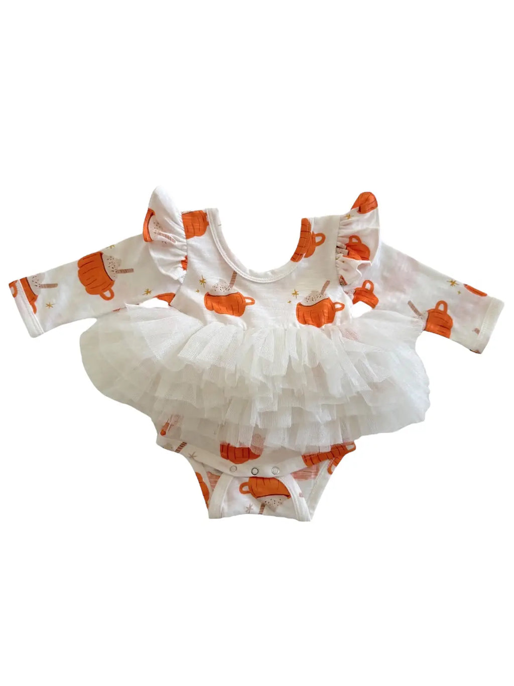 Baby romper with ruffled top and orange pattern on a white background