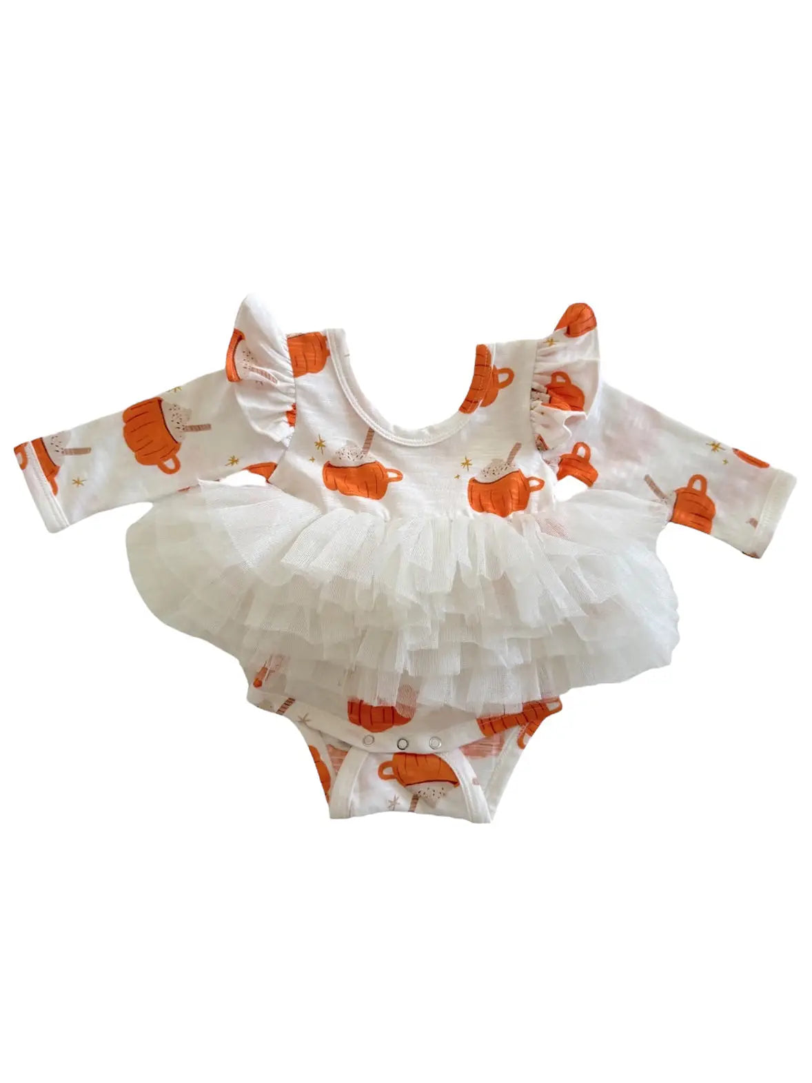 Baby romper with ruffled top and orange pattern on a white background