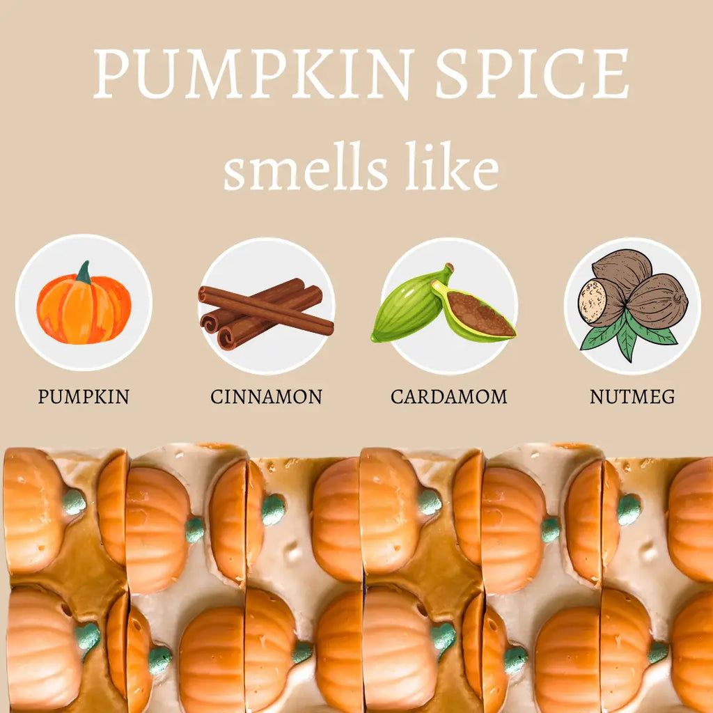 Illustration of pumpkin spice scents with pumpkins, cinnamon, cardamom, and nutmeg on a beige background.