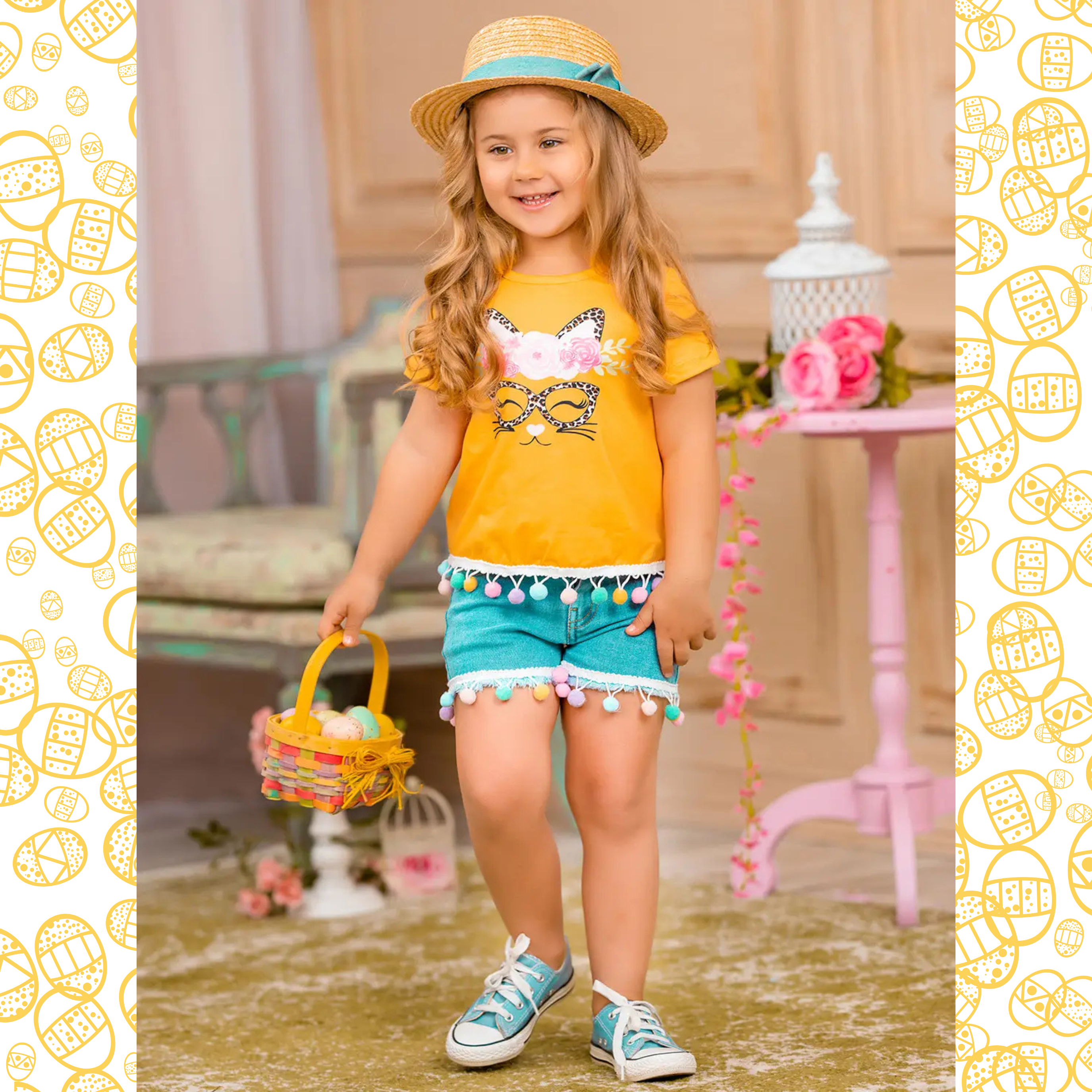 Young girl in a yellow top and blue shorts holding a basket, standing in a decorated room.