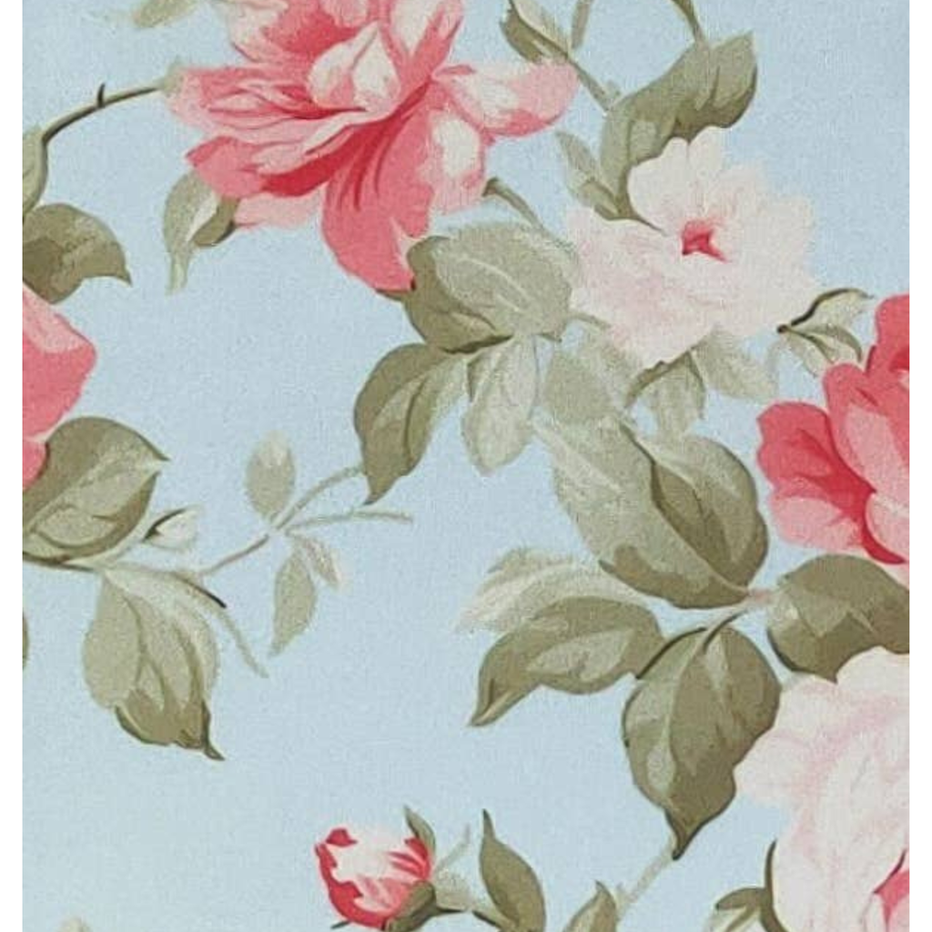 Floral pattern with pink and white flowers on a light blue background