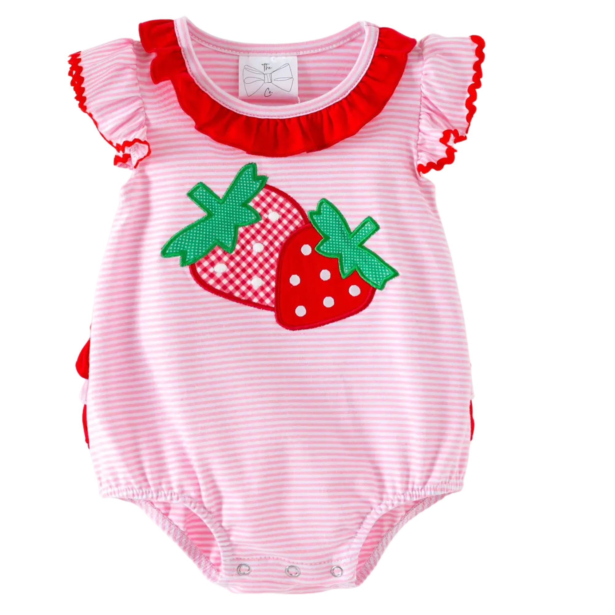 Pink and red striped baby romper with strawberry design on a white background