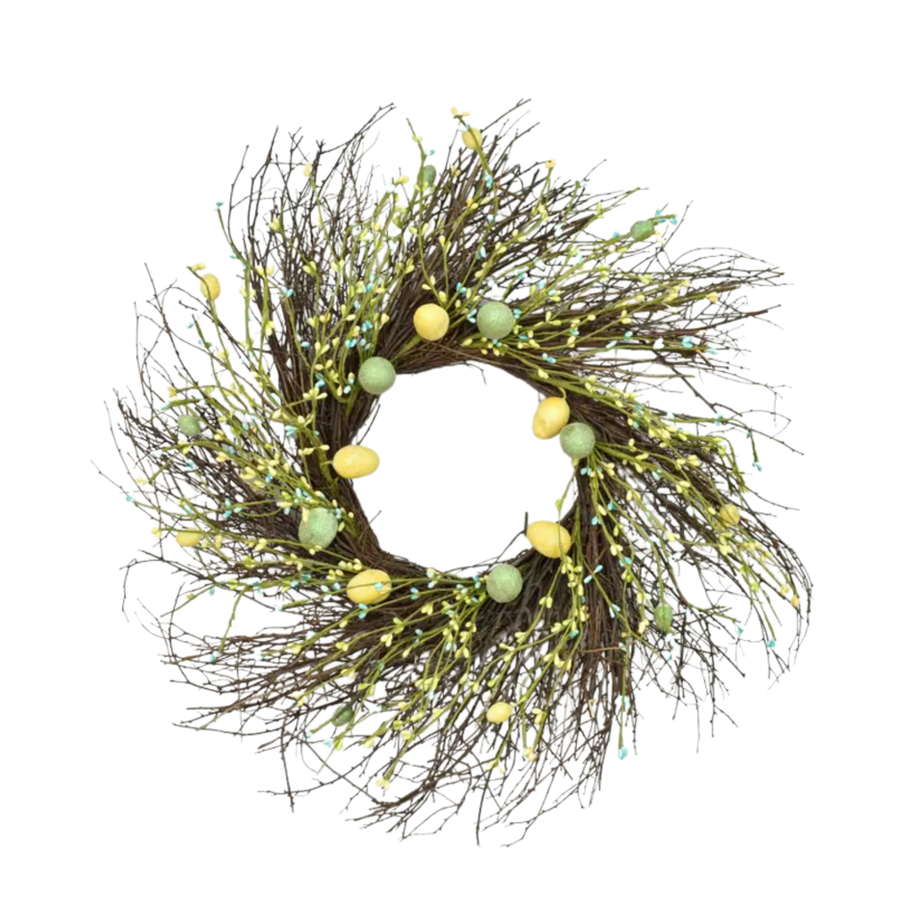 Decorative wreath with green and yellow eggs on a white background