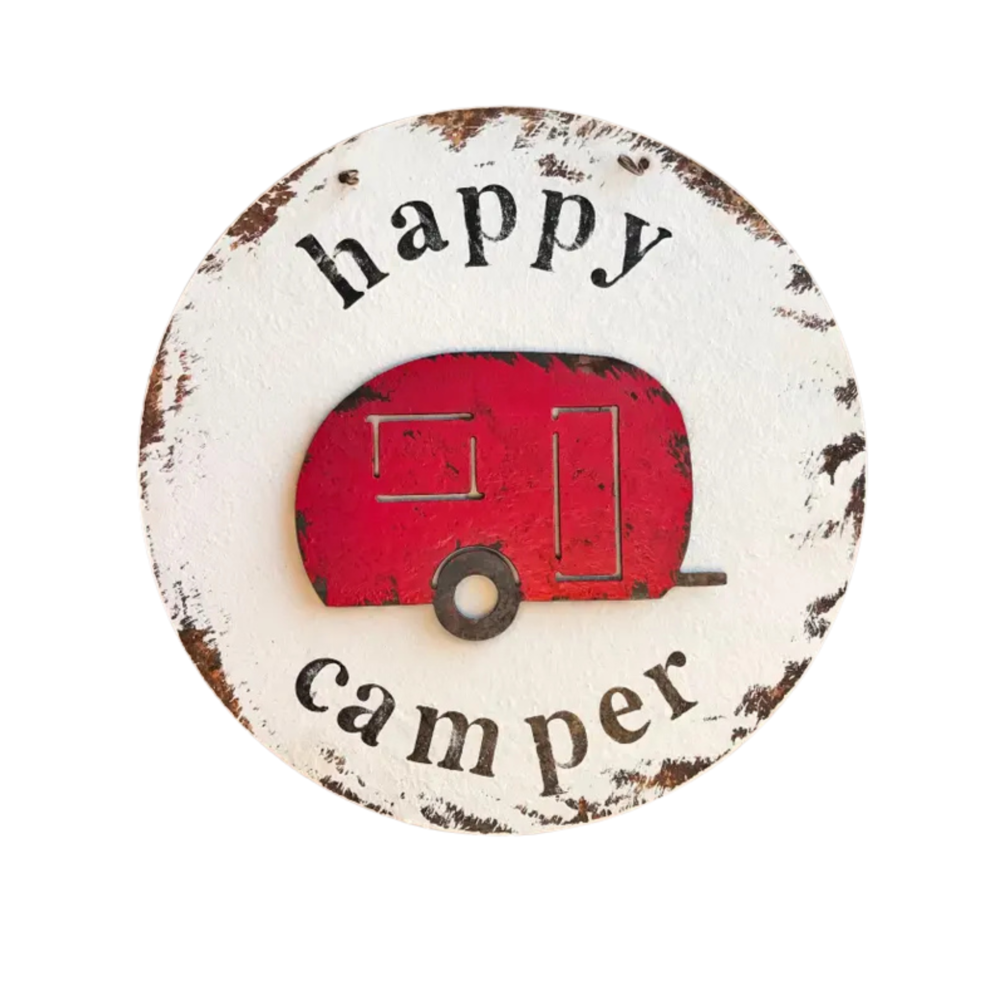Round decorative sign with red camper illustration and 'happy camper' text on a white background