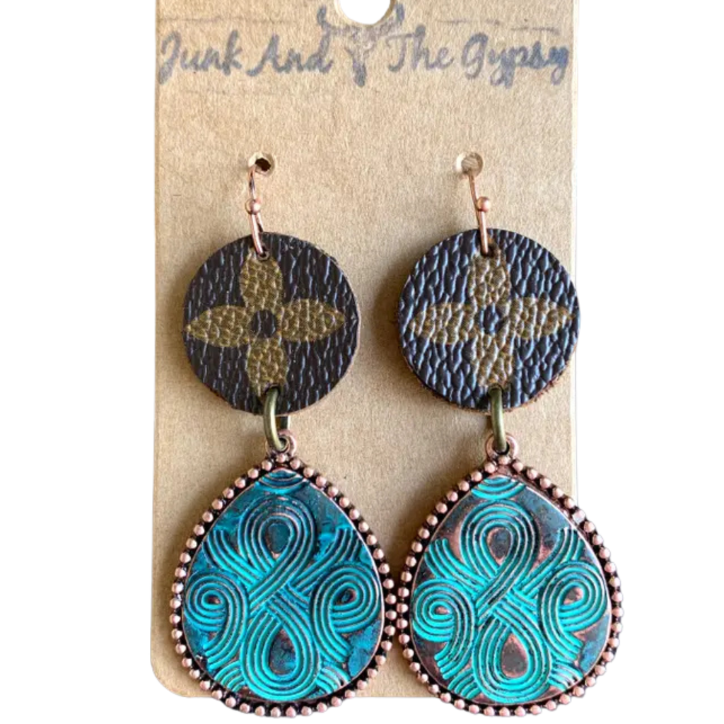 Pair of earrings with blue and brown designs on a card with 'Junk and the Gypsy' branding.