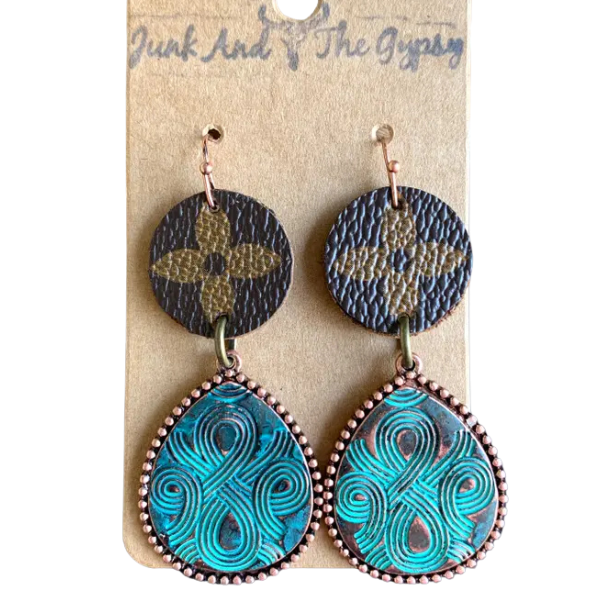Pair of earrings with blue and brown designs on a card with 'Junk and the Gypsy' branding.