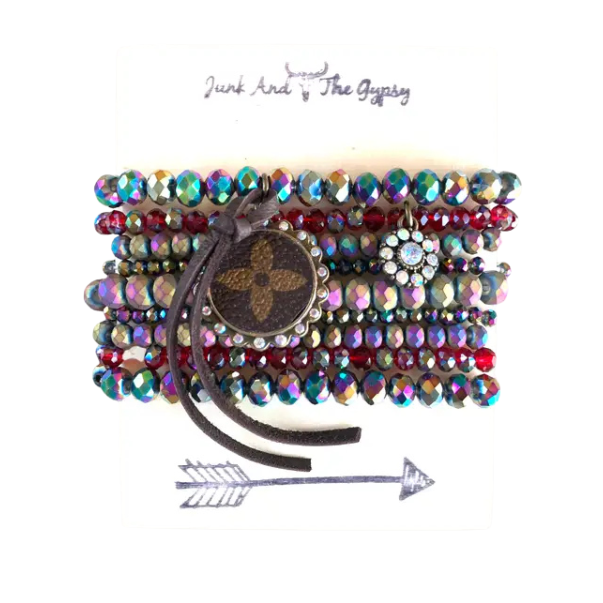 Multicolored beaded bracelet with a central brown button and 'Junk and The Gypsy' branding.