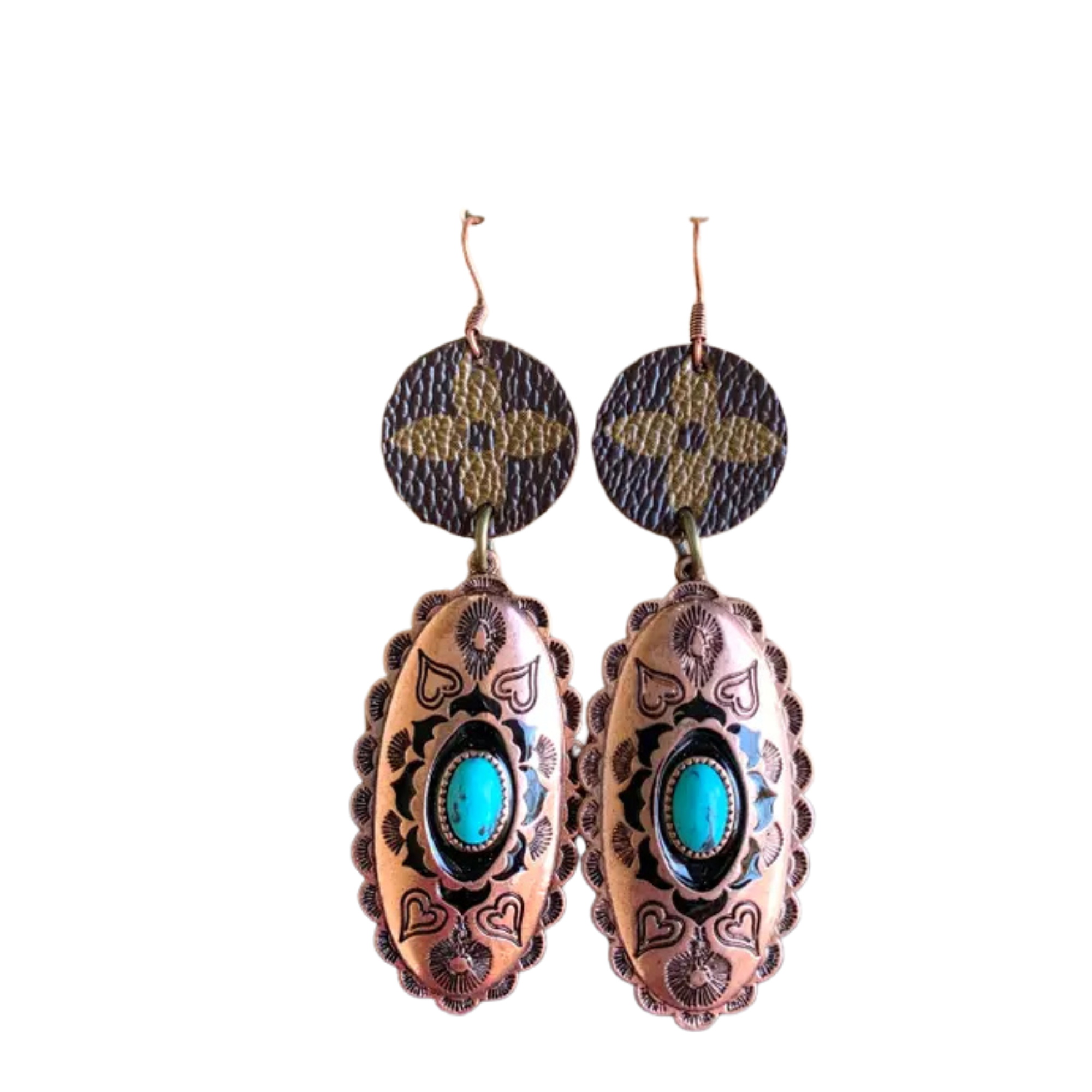Pair of earrings with intricate designs and turquoise stones on a white background