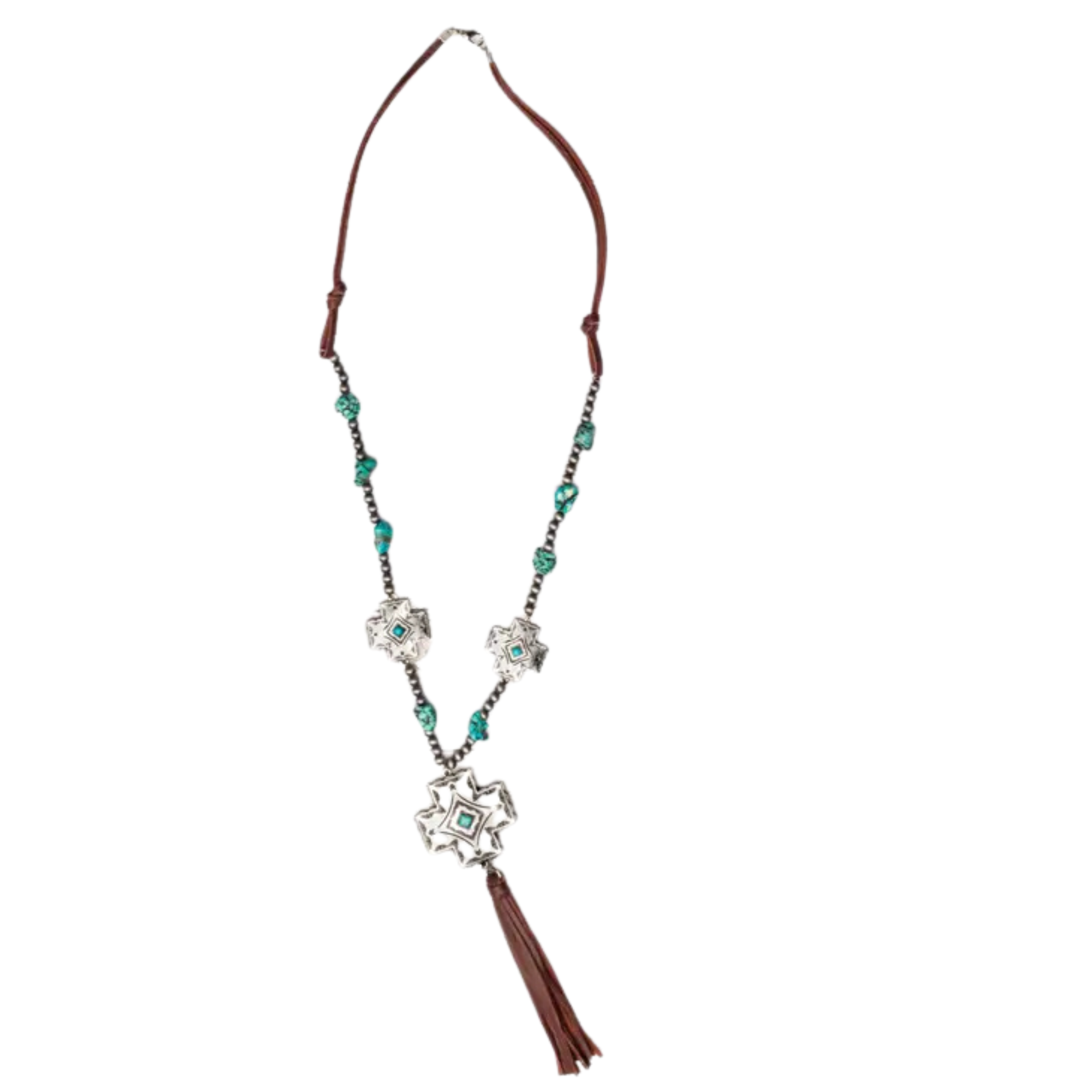 Necklace with star-shaped pendant and tassel on a white background