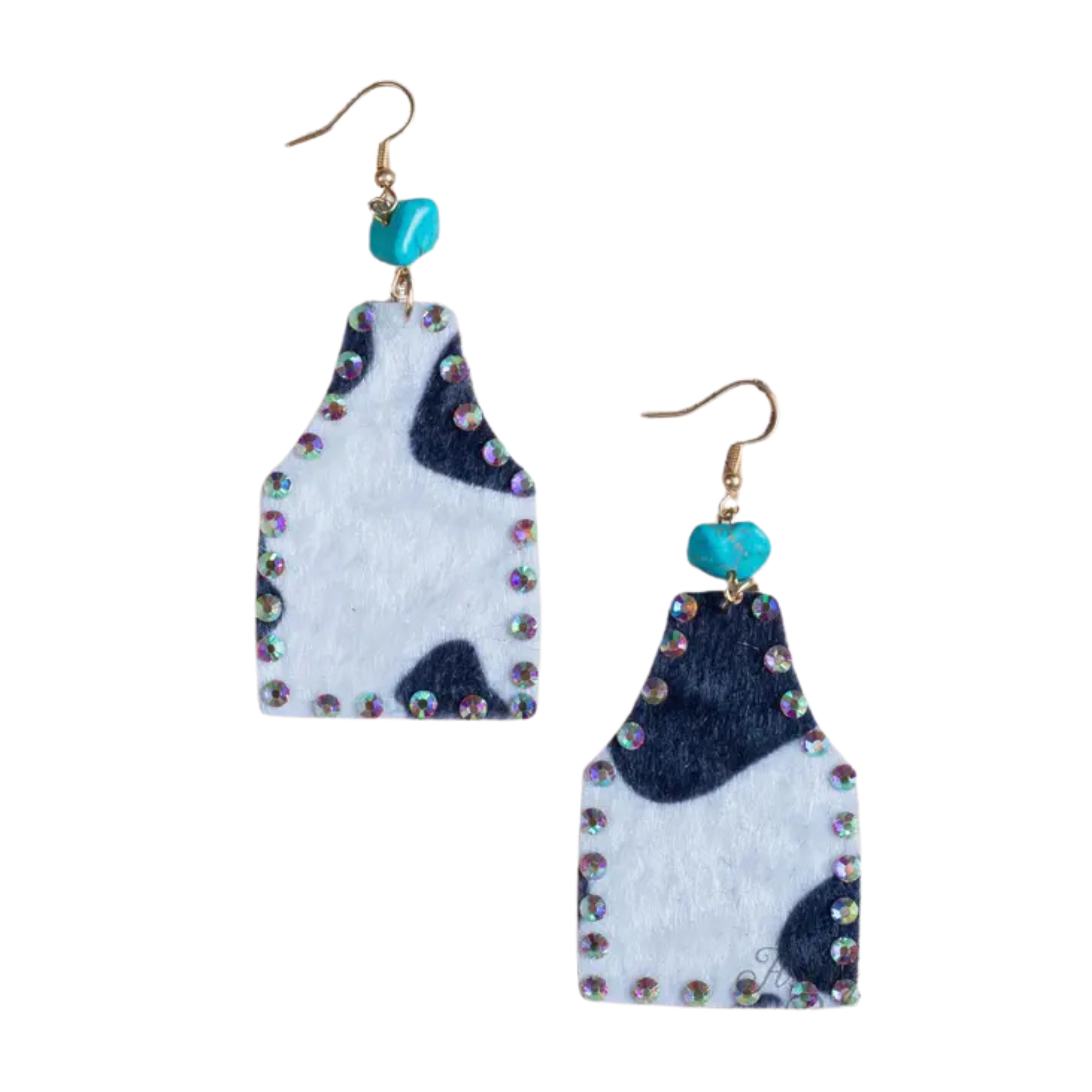 Pair of earrings with blue and white design on a white background