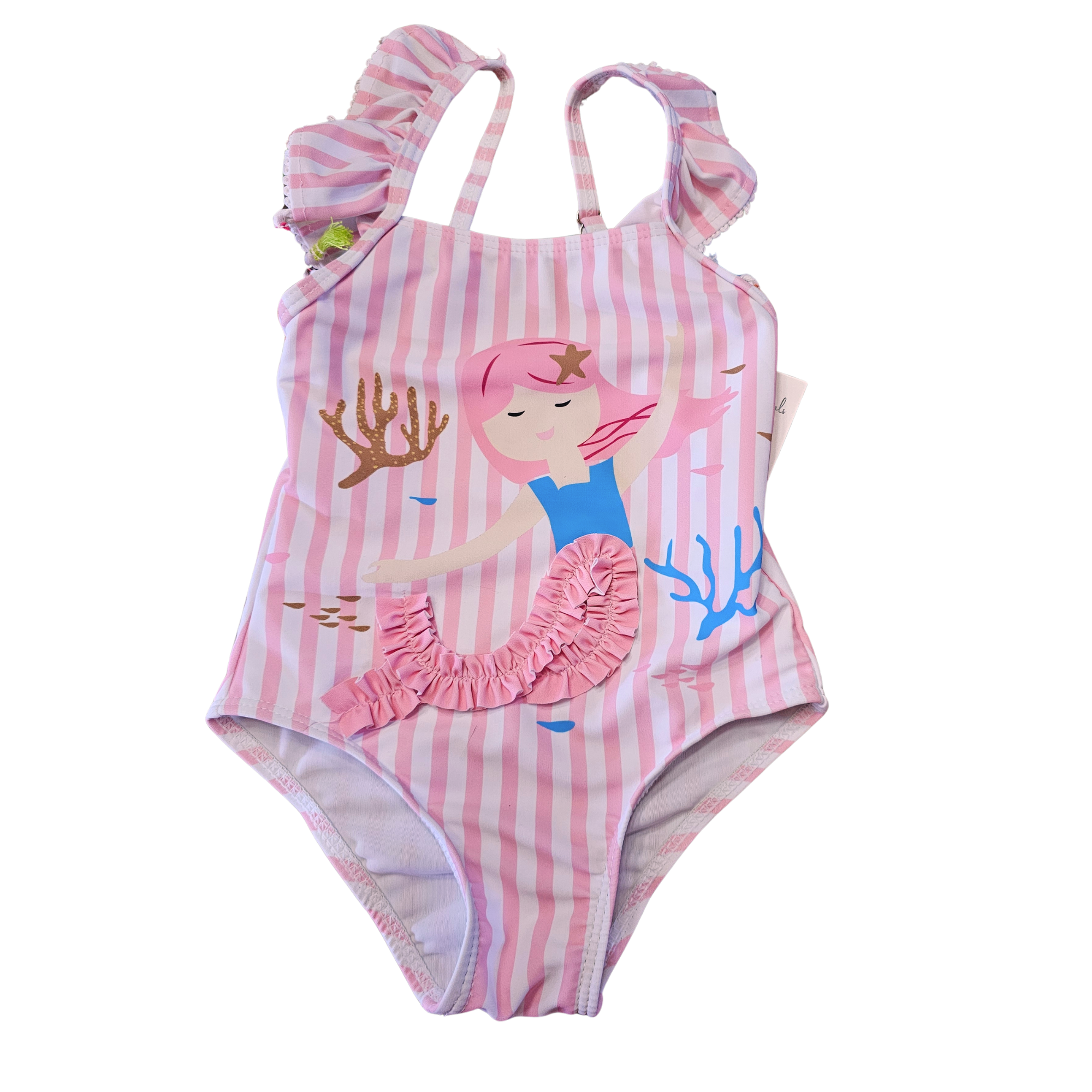 Pink and white striped swimsuit with mermaid design on a white background