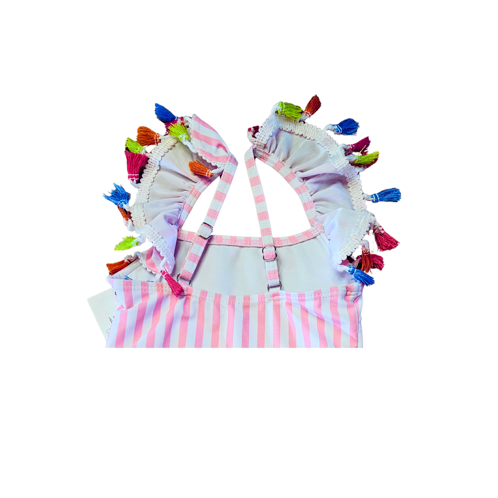 Striped bikini top with colorful tassels on a white background