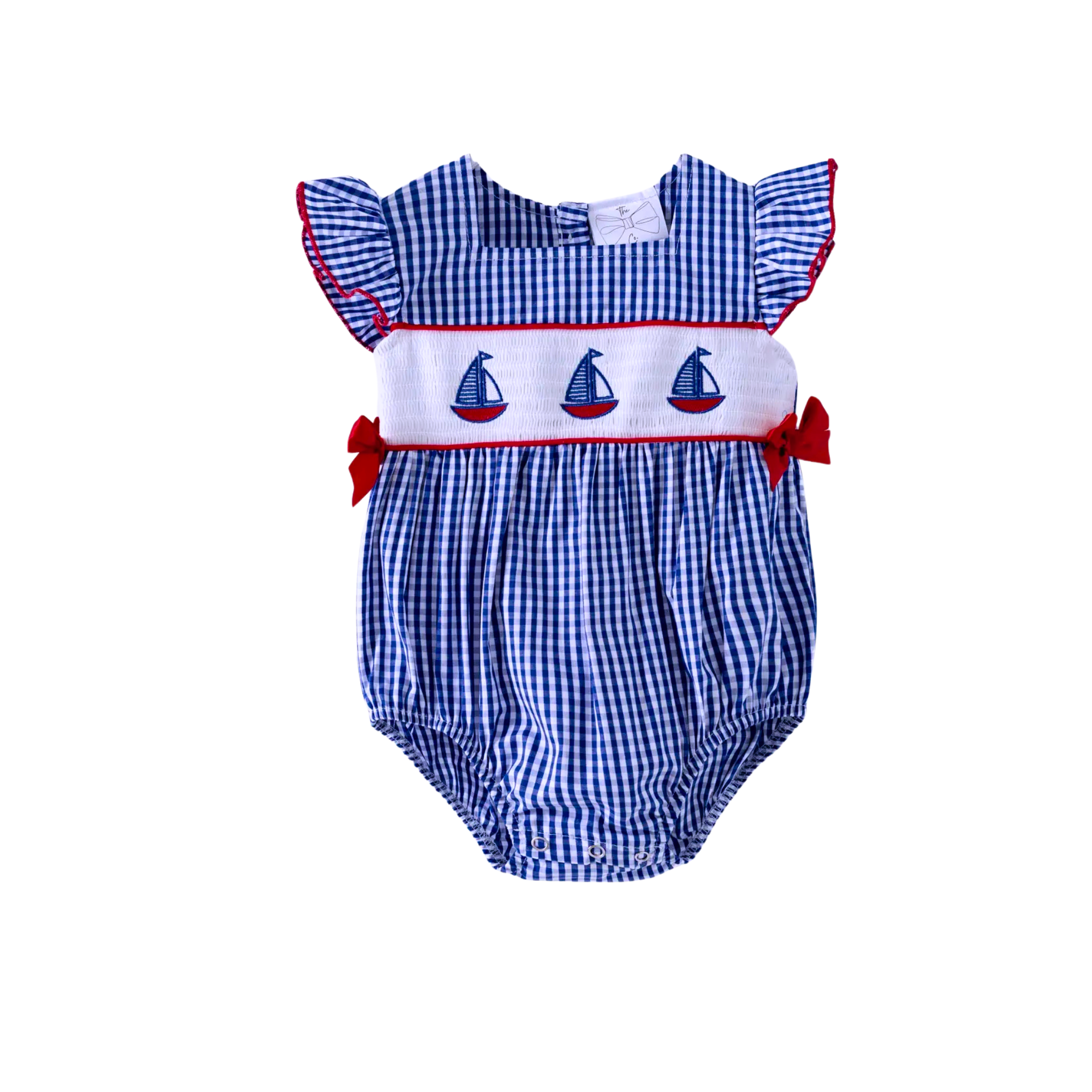 Blue checkered baby romper with sailboat design on a white background