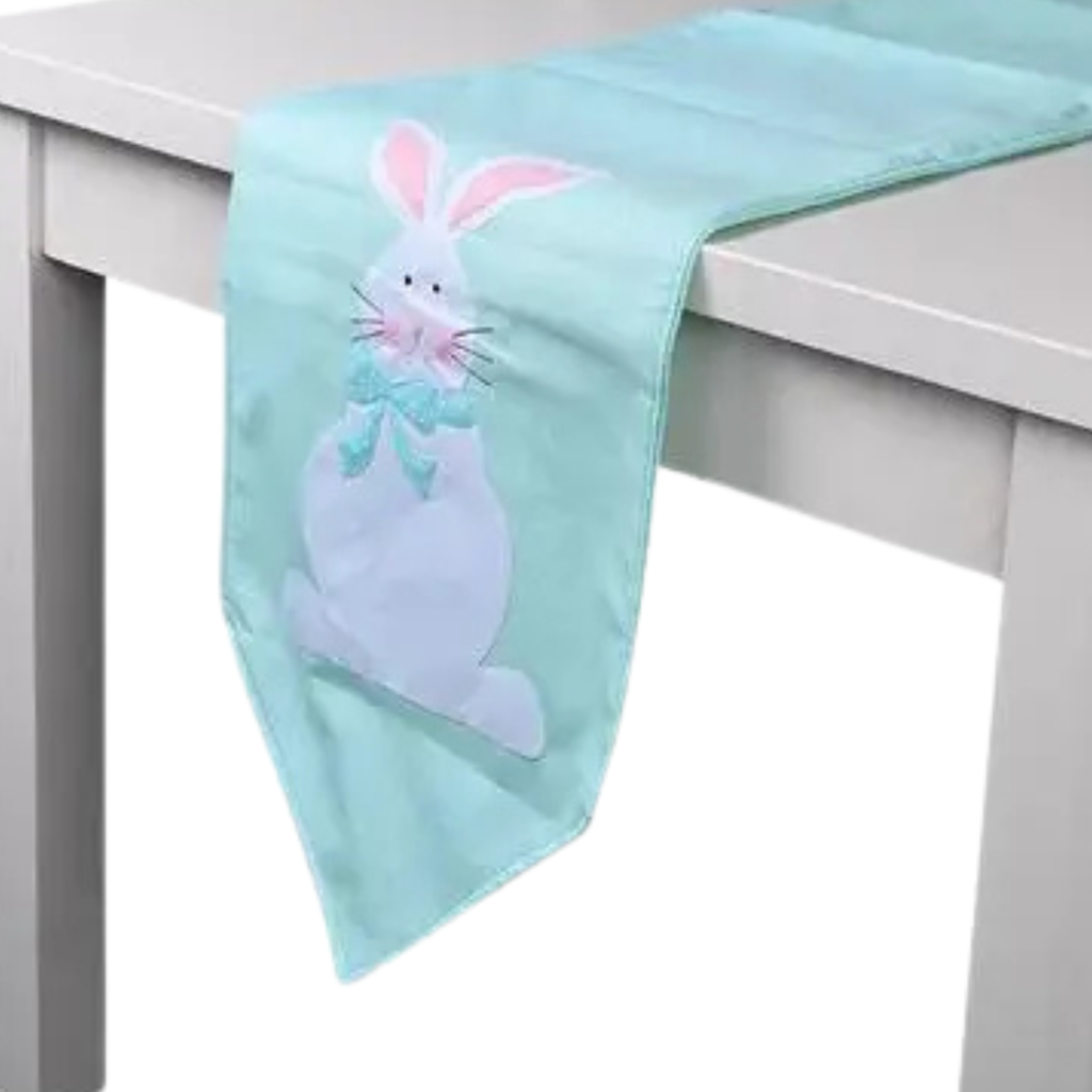Table runner with a bunny design on a white table