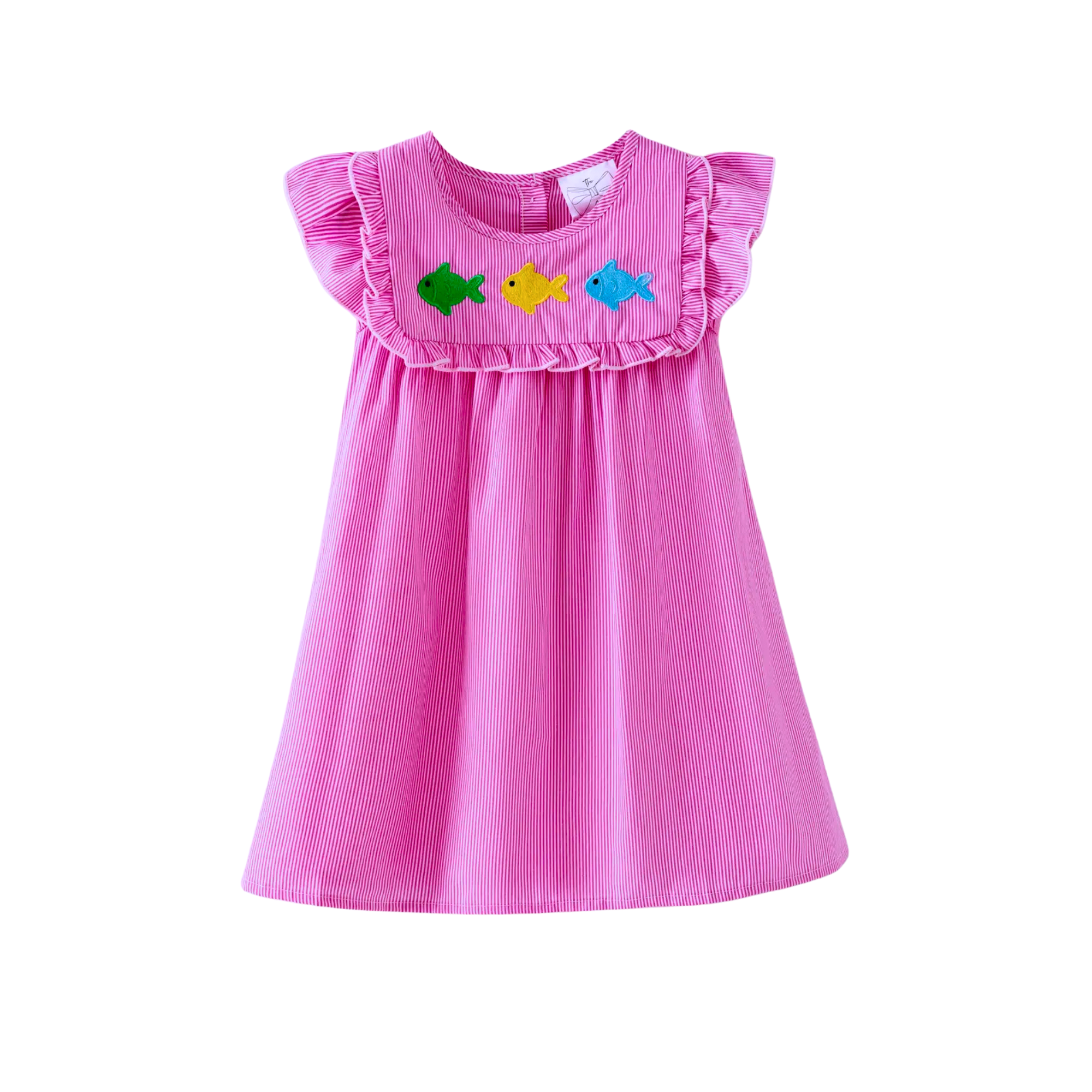 Pink dress with fish appliqués on a white background