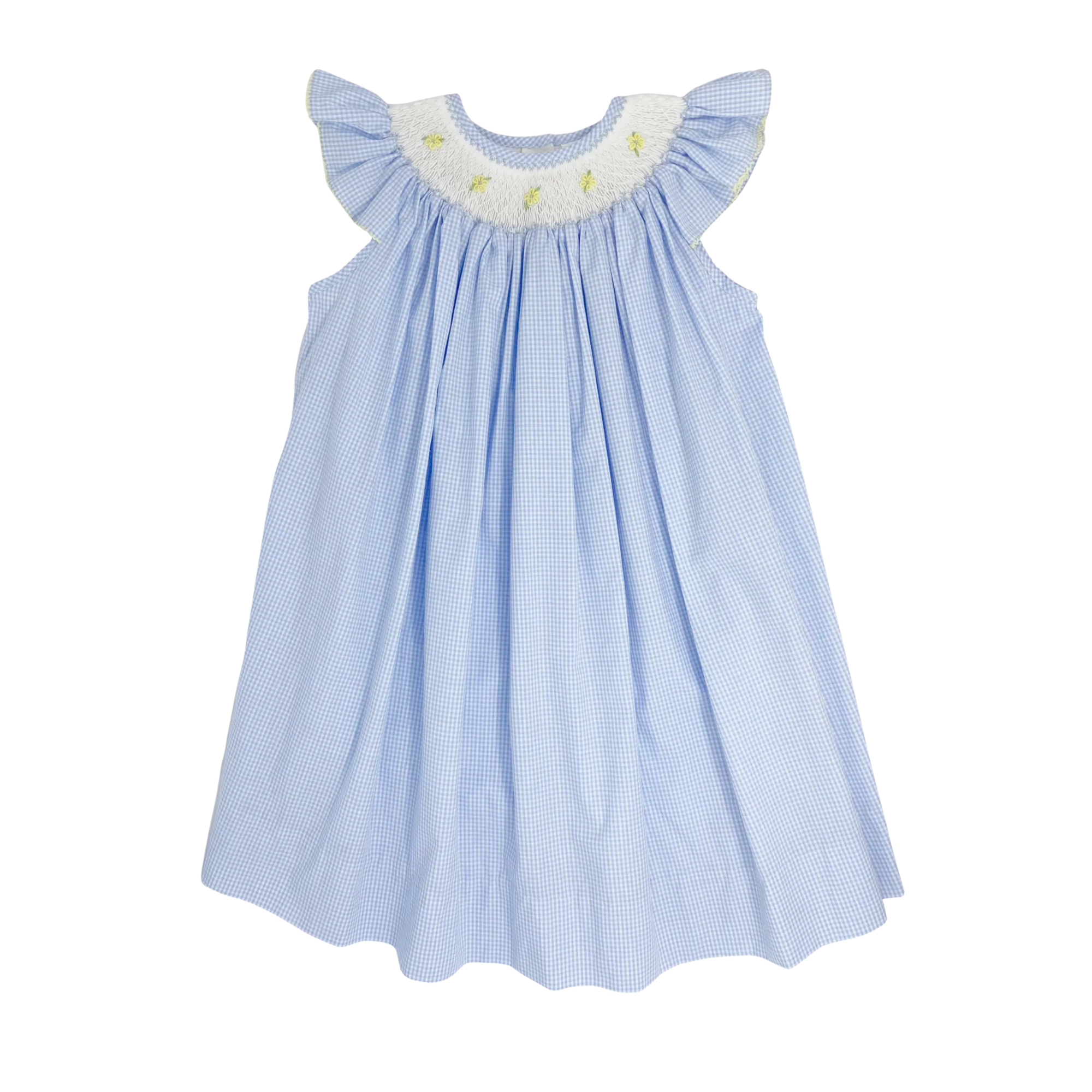 Light blue checkered dress with embroidered neckline on a white background